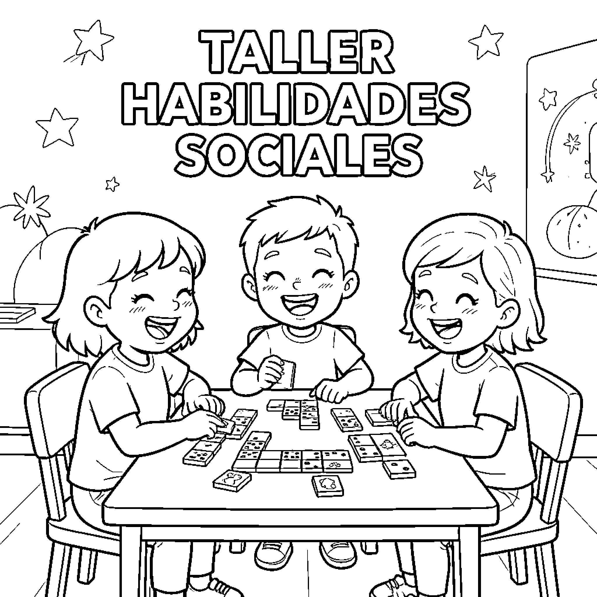 Child playing a board game with friends Coloring Page (free black-and-white line drawing printable PDF for all, from beginners to advanced learners, including children, teens, adults, and seniors)