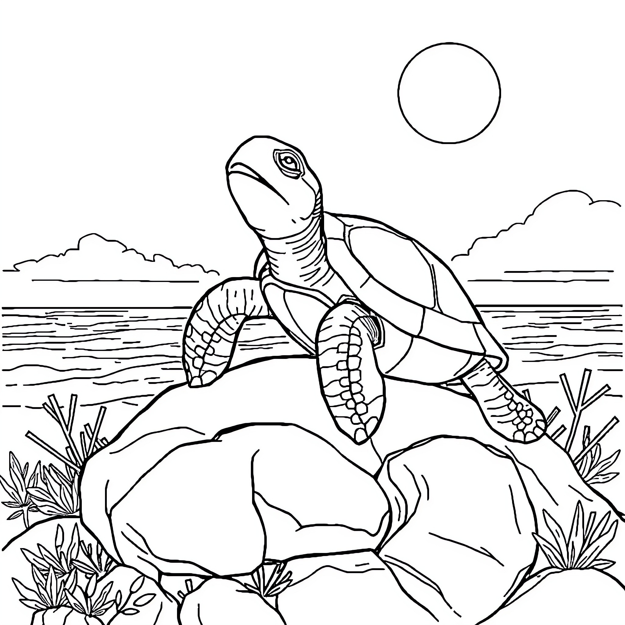 Turtle exploring the shore Coloring Page (free black-and-white line drawing printable PDF for all, from beginners to advanced learners, including children, teens, adults, and seniors)