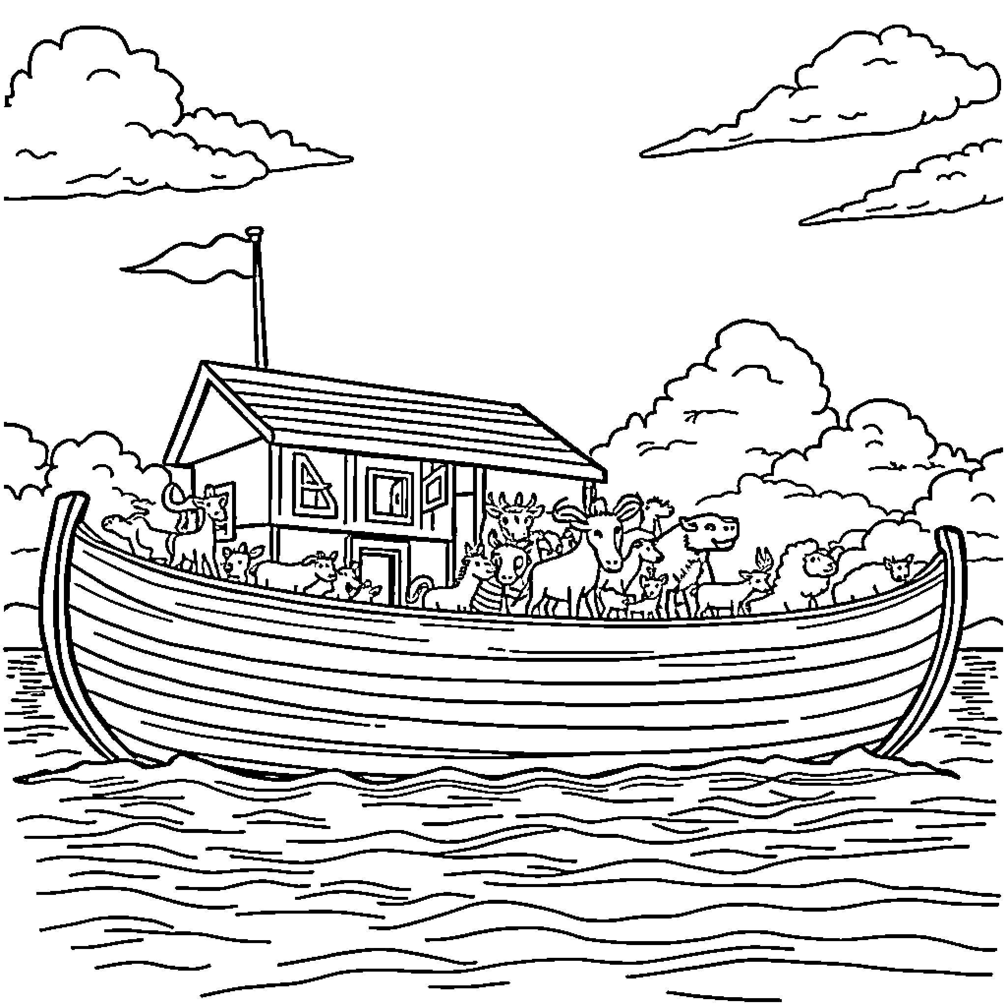 Noah's Ark Carrying Animals During Flood Coloring Page (free black-and-white line drawing printable PDF for all, from beginners to advanced learners, including children, teens, adults, and seniors)