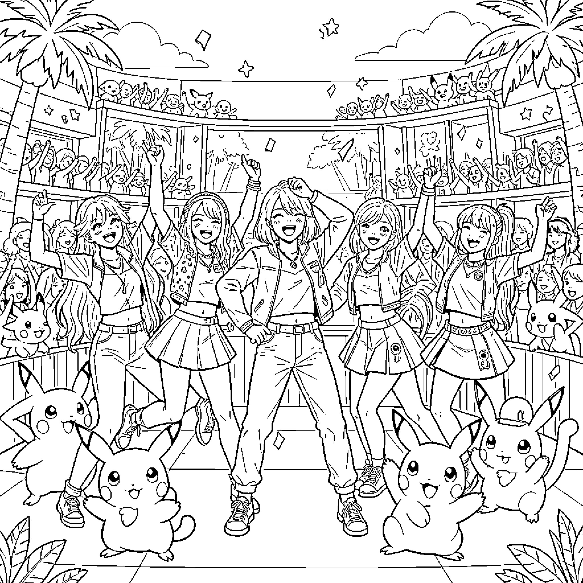 Pokémon idols performing happily on a concert stage Coloring Page (free black-and-white line drawing printable PDF for all, from beginners to advanced learners, including children, teens, adults, and seniors)