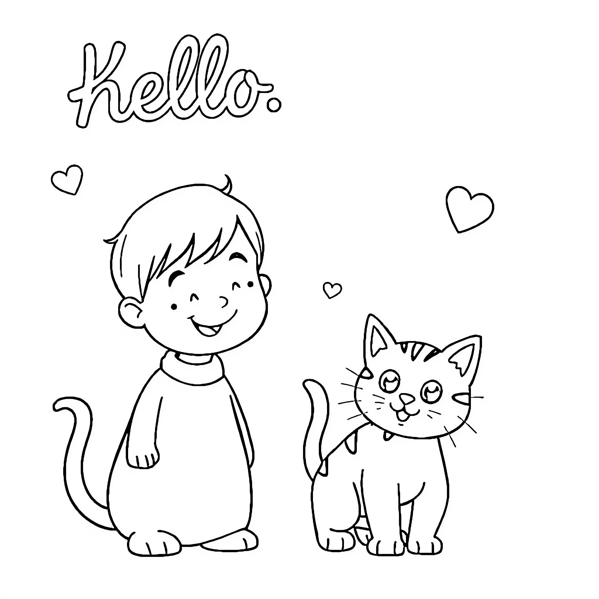 Kitty Greeting and Friendship Coloring Page (free black-and-white line drawing printable PDF for all, from beginners to advanced learners, including children, teens, adults, and seniors)