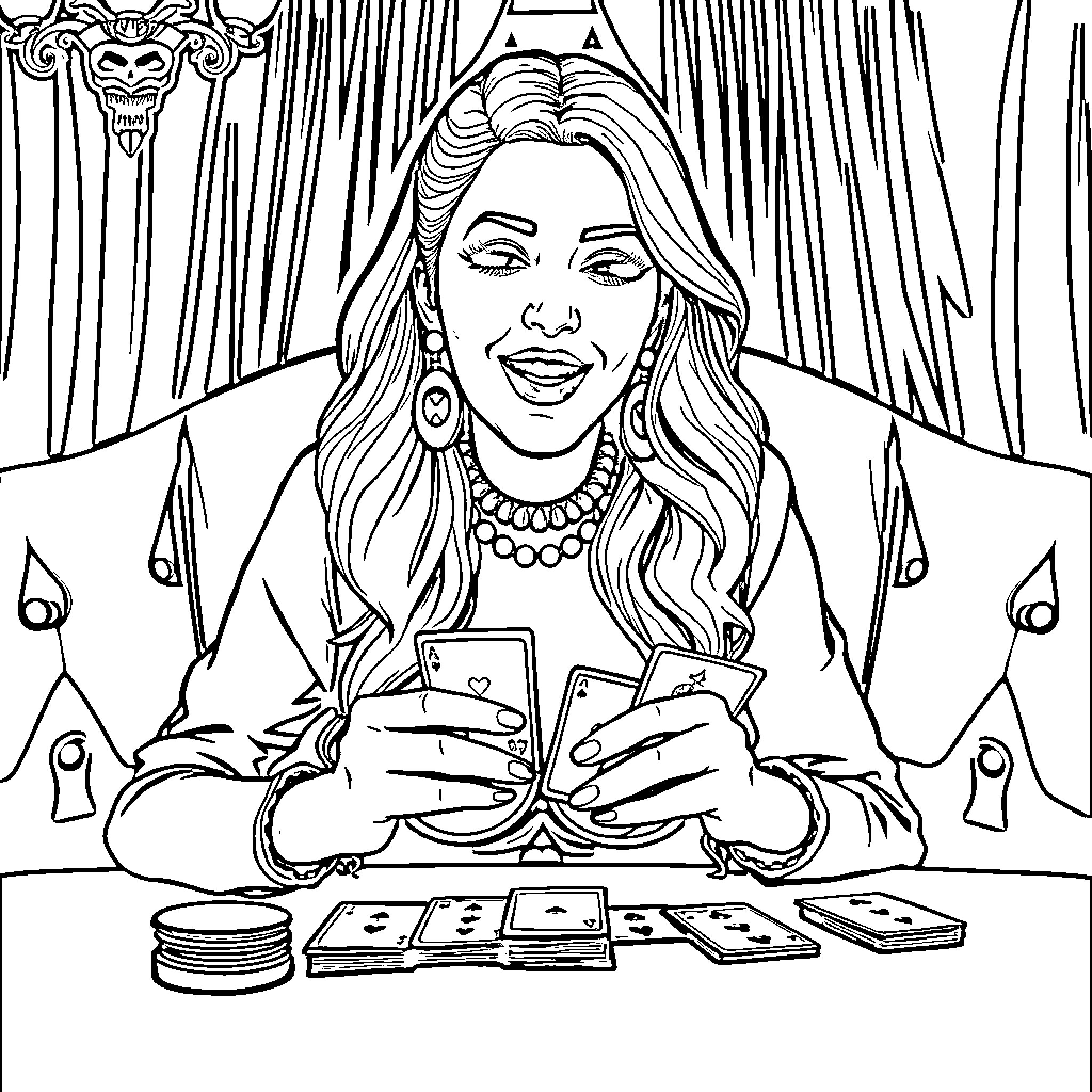 Lady Gaga's Tarot Card Reading Coloring Page (free black-and-white line drawing printable PDF for all, from beginners to advanced learners, including children, teens, adults, and seniors)