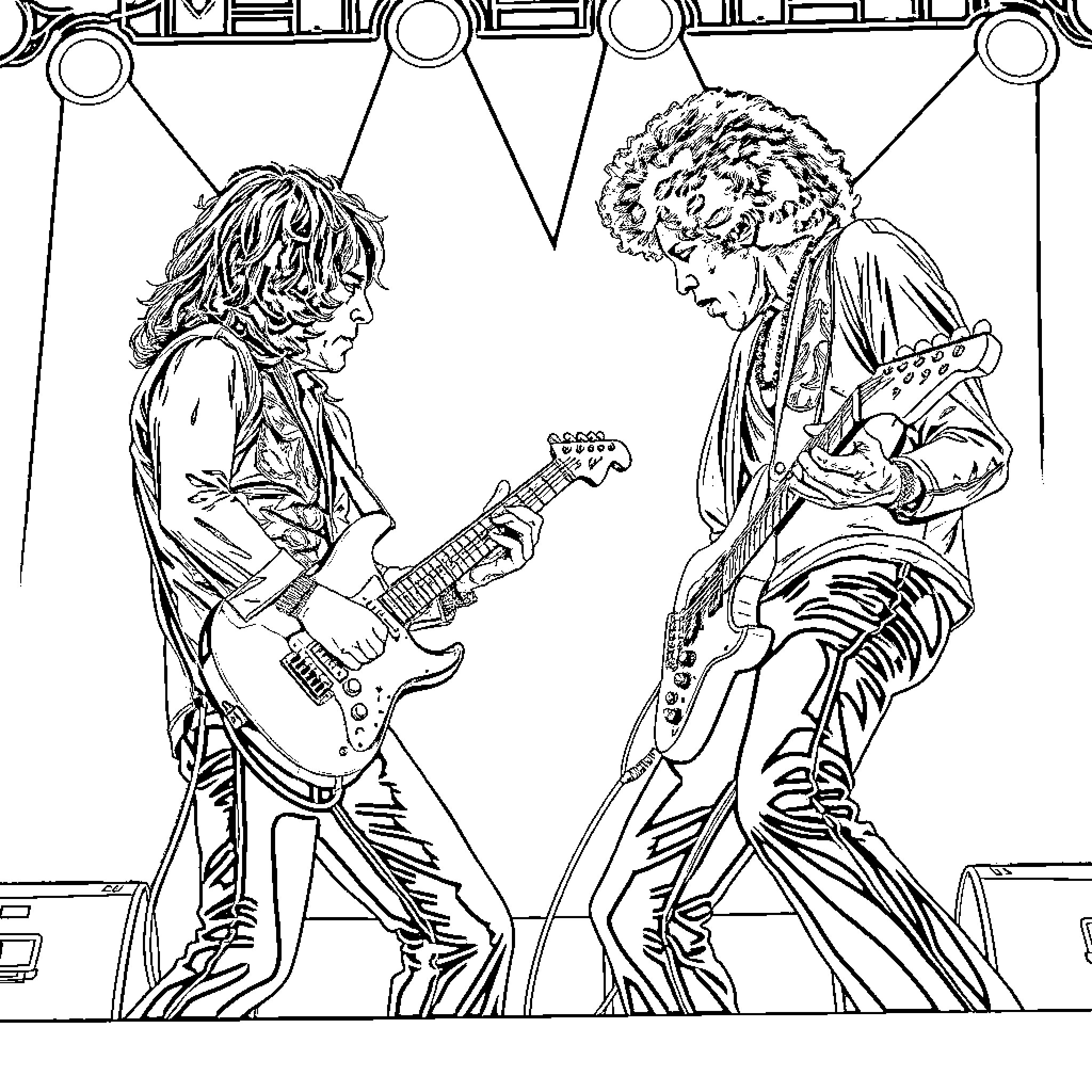 Guitarist performing on stage with bandmate Coloring Page (free black-and-white line drawing printable PDF for all, from beginners to advanced learners, including children, teens, adults, and seniors)