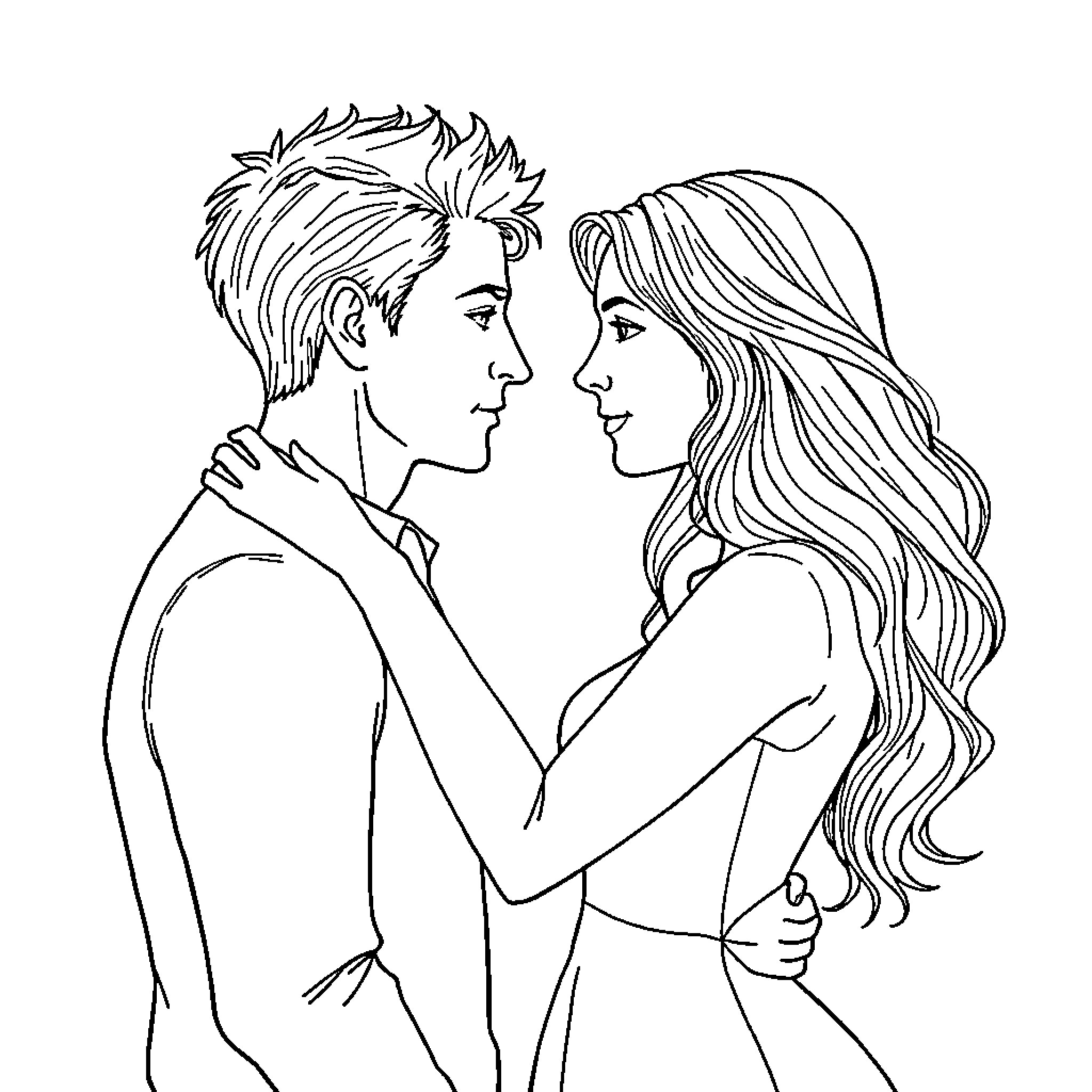 Love and Embrace of Two Figures Coloring Page (free black-and-white line drawing printable PDF for all, from beginners to advanced learners, including children, teens, adults, and seniors)