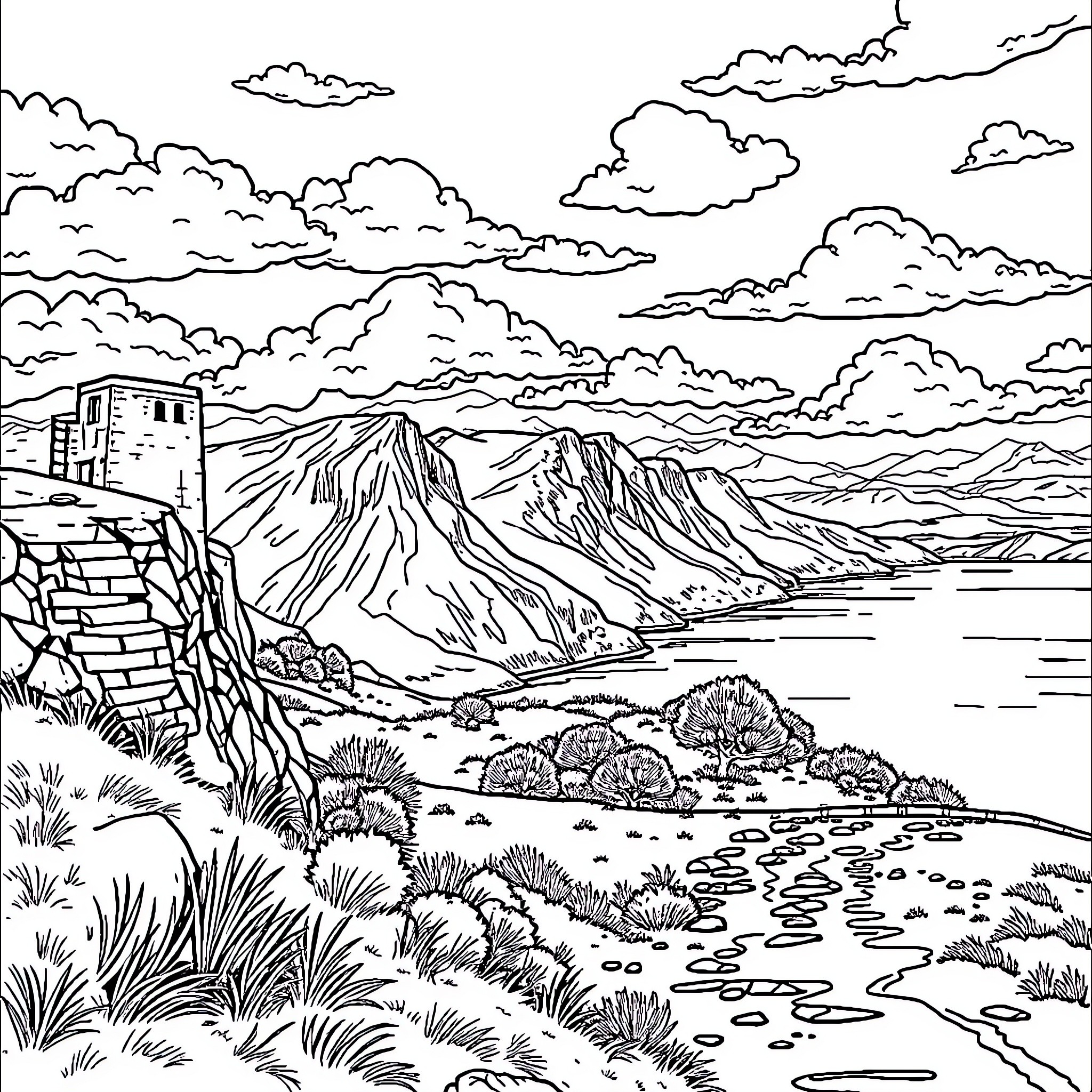 UK Scenic Landscape with Mountainous Terrain and Cloudy Sky Coloring Page (free black-and-white line drawing printable PDF for all, from beginners to advanced learners, including children, teens, adults, and seniors)