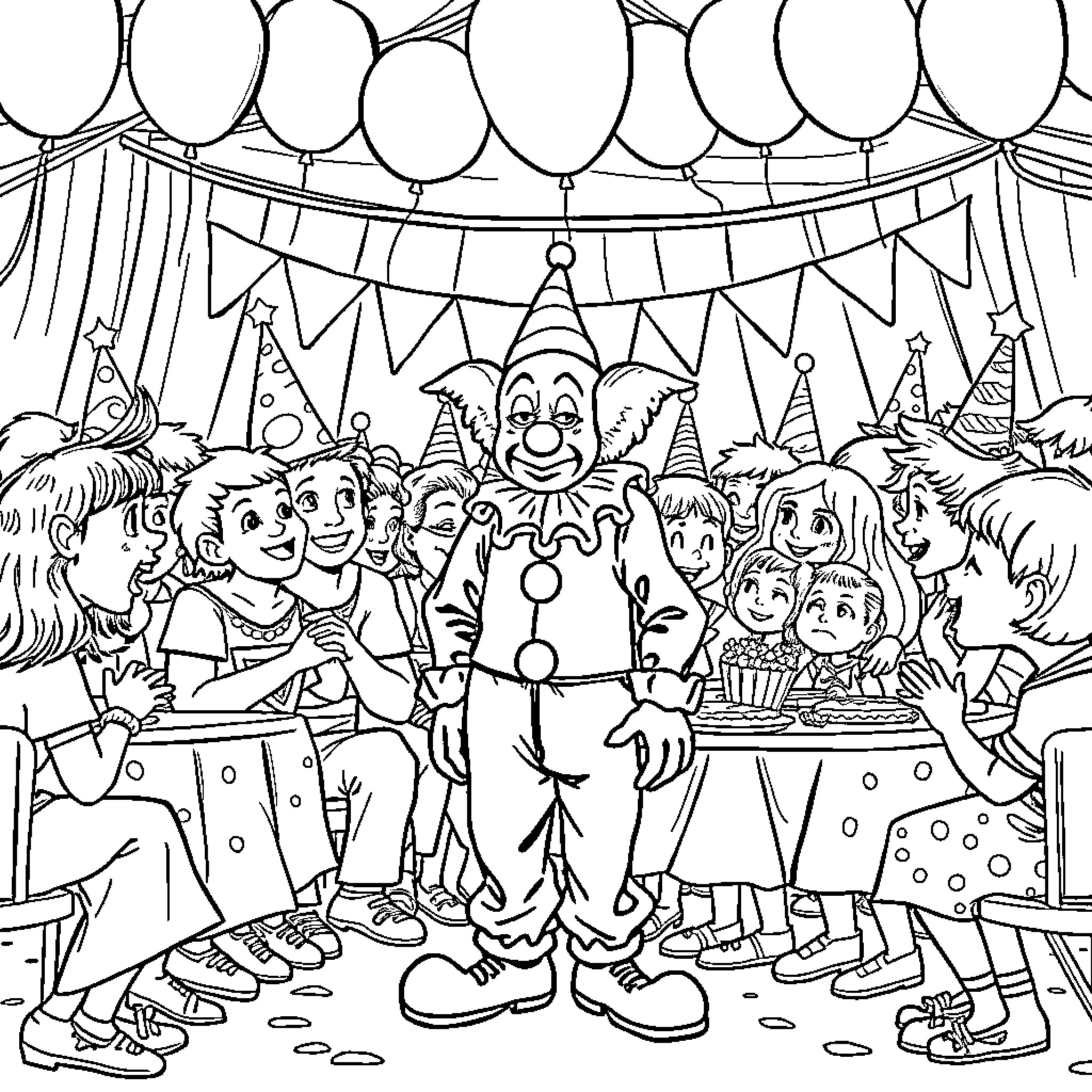 Clown entertaining a group of children at a party Coloring Page (free black-and-white line drawing printable PDF for all, from beginners to advanced learners, including children, teens, adults, and seniors)