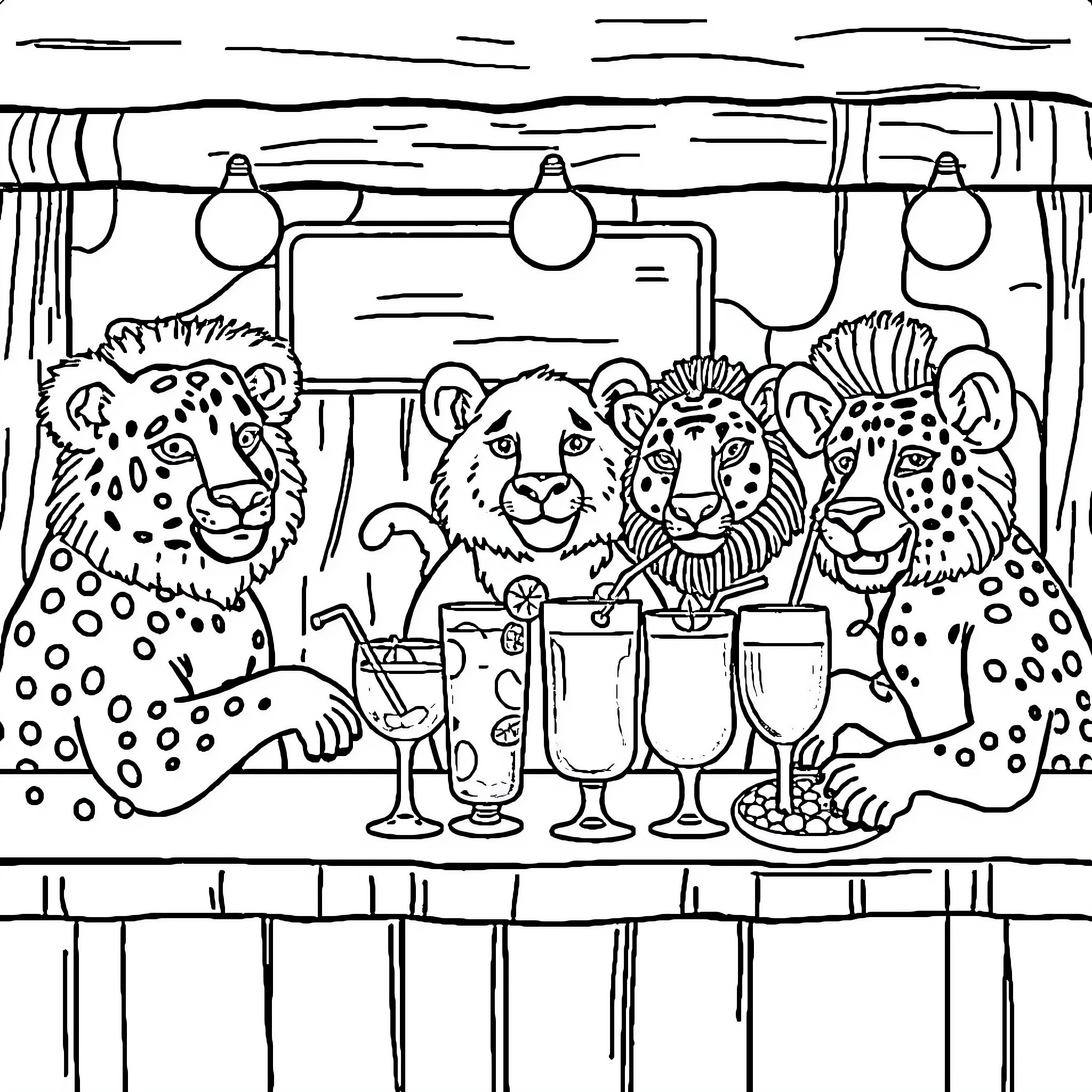 Bar Hangout with Lively Jungle Animals Coloring Page (free black-and-white line drawing printable PDF for all, from beginners to advanced learners, including children, teens, adults, and seniors)