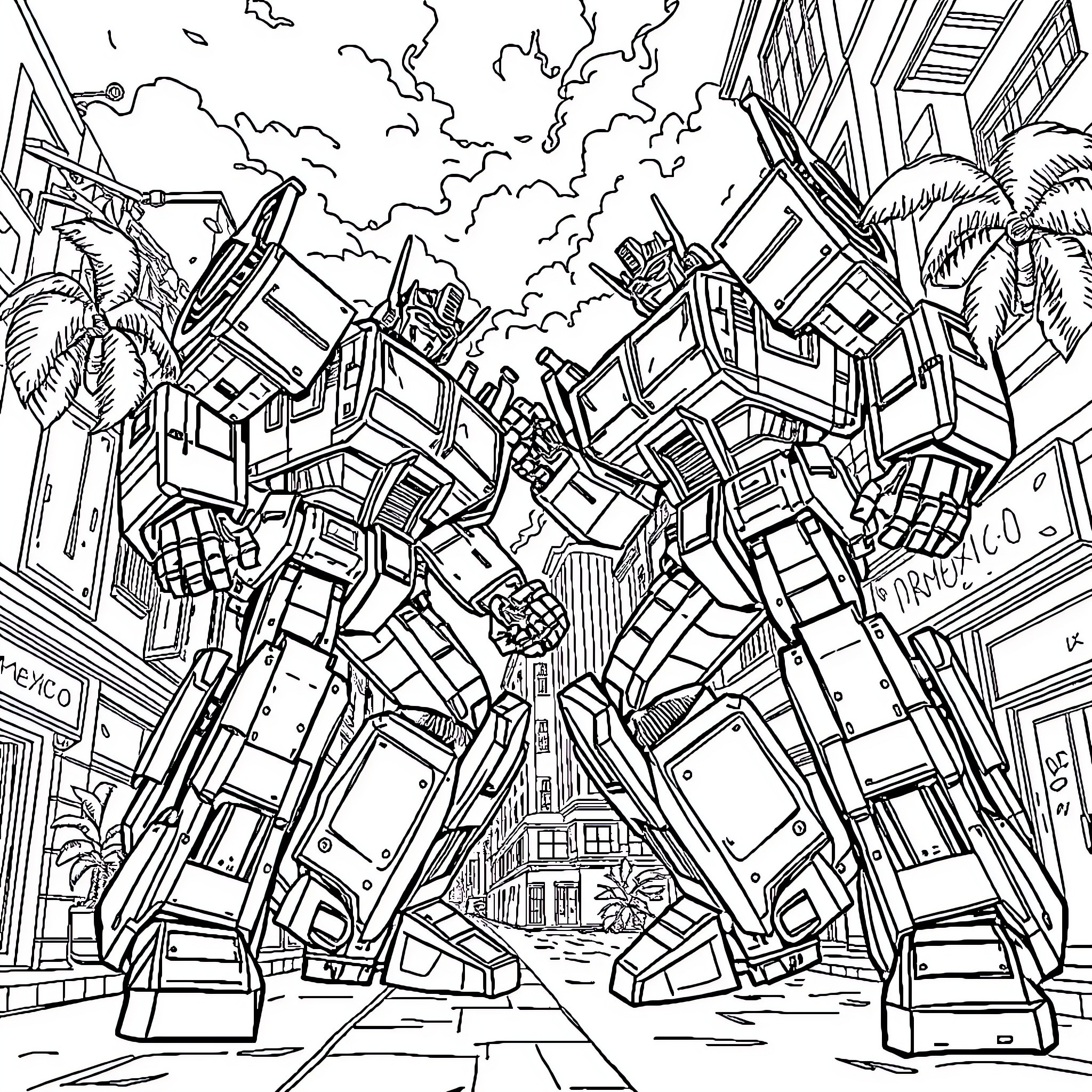Transformer robots battling in a futuristic city Coloring Page (free black-and-white line drawing printable PDF for all, from beginners to advanced learners, including children, teens, adults, and seniors)