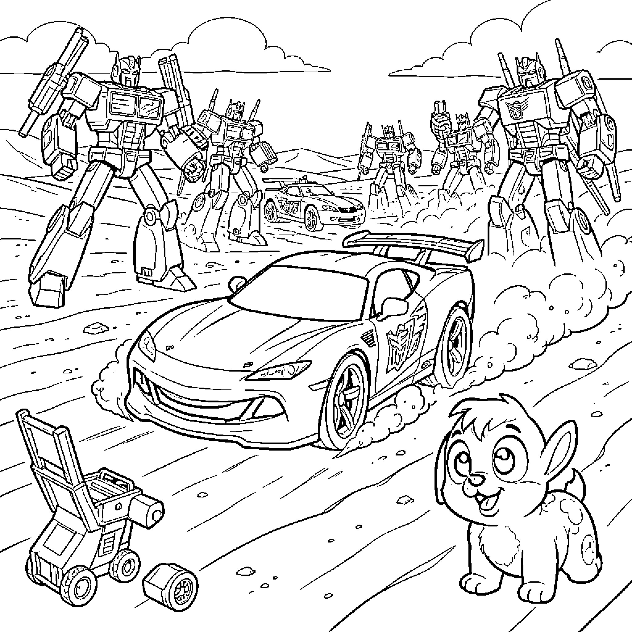 Flash of Transformers and Speeding Cars in Action Coloring Page (free black-and-white line drawing printable PDF for all, from beginners to advanced learners, including children, teens, adults, and seniors)