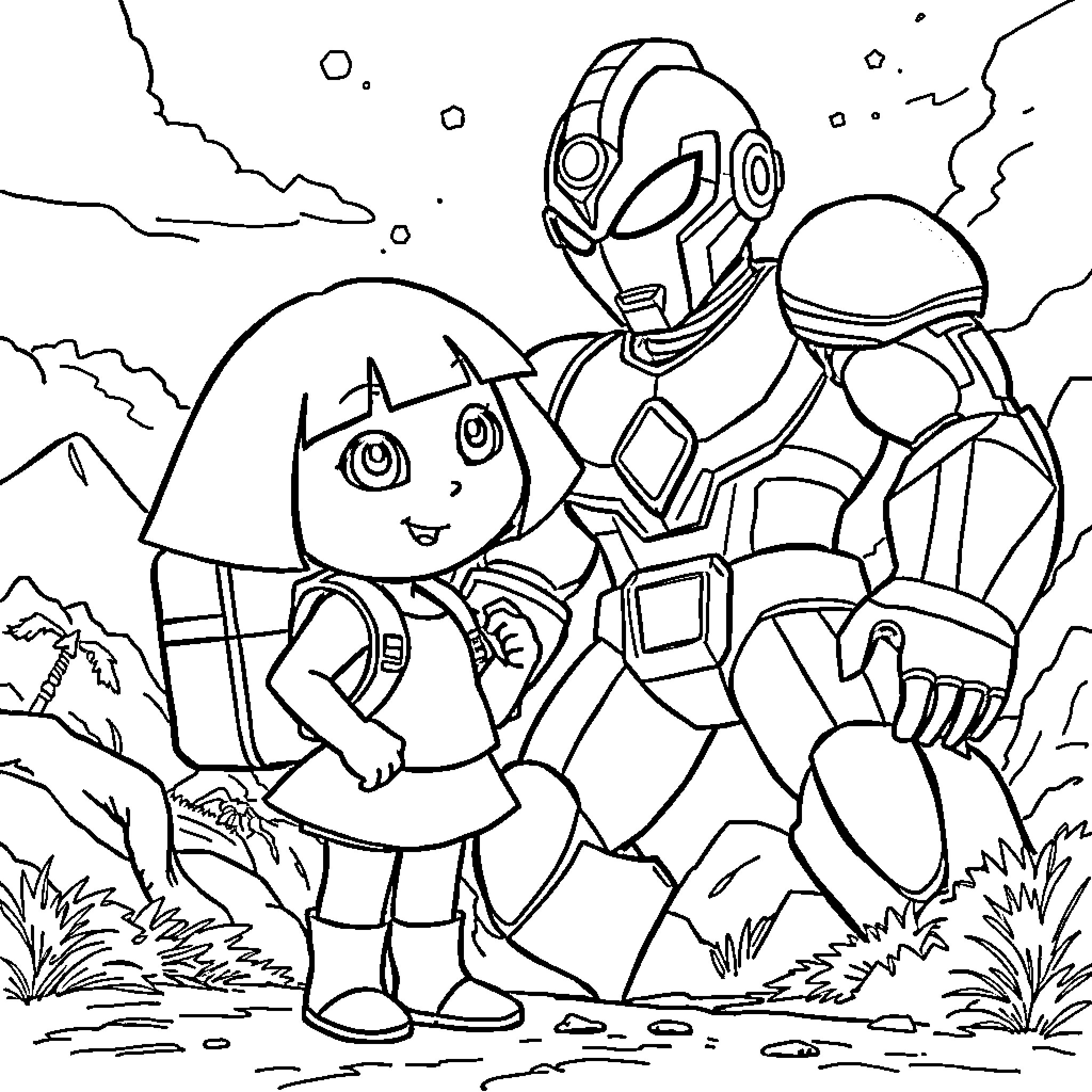 Dora vs Ultraman: Friendly Encounter in a Fantastical Landscape Coloring Page (free black-and-white line drawing printable PDF for all, from beginners to advanced learners, including children, teens, adults, and seniors)