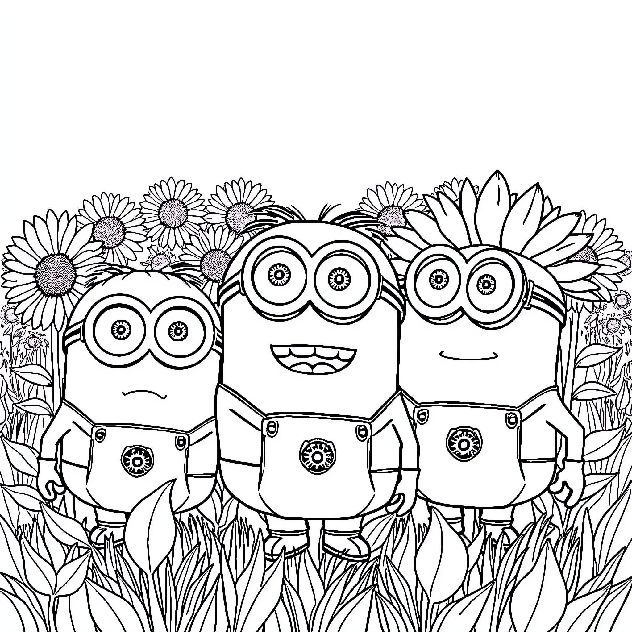 Minions enjoying the sunflower garden Coloring Page (free black-and-white line drawing printable PDF for all, from beginners to advanced learners, including children, teens, adults, and seniors)