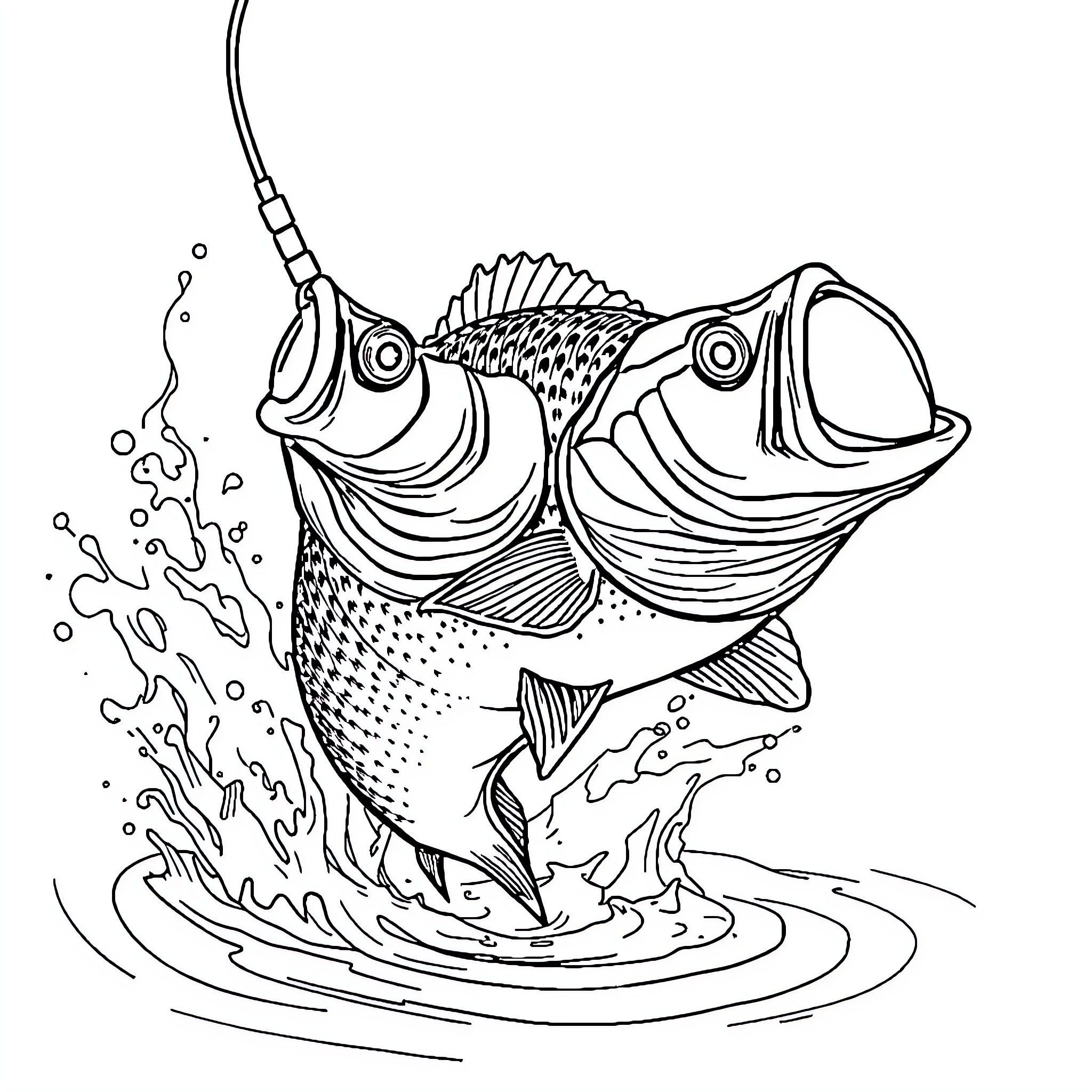 Bass fish jumping out of water Coloring Page (free black-and-white line drawing printable PDF for all, from beginners to advanced learners, including children, teens, adults, and seniors)