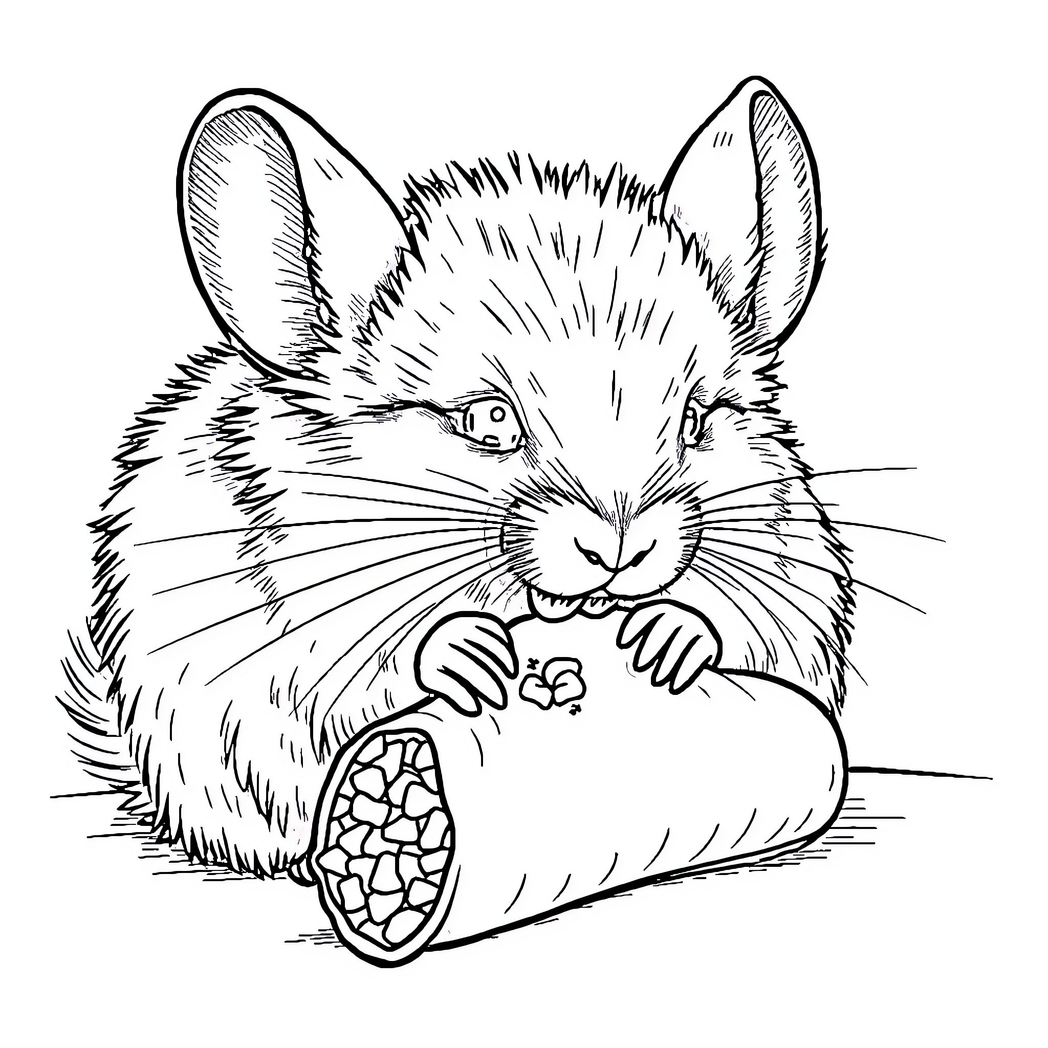 Chinchilla enjoying a tasty snack Coloring Page (free black-and-white line drawing printable PDF for all, from beginners to advanced learners, including children, teens, adults, and seniors)