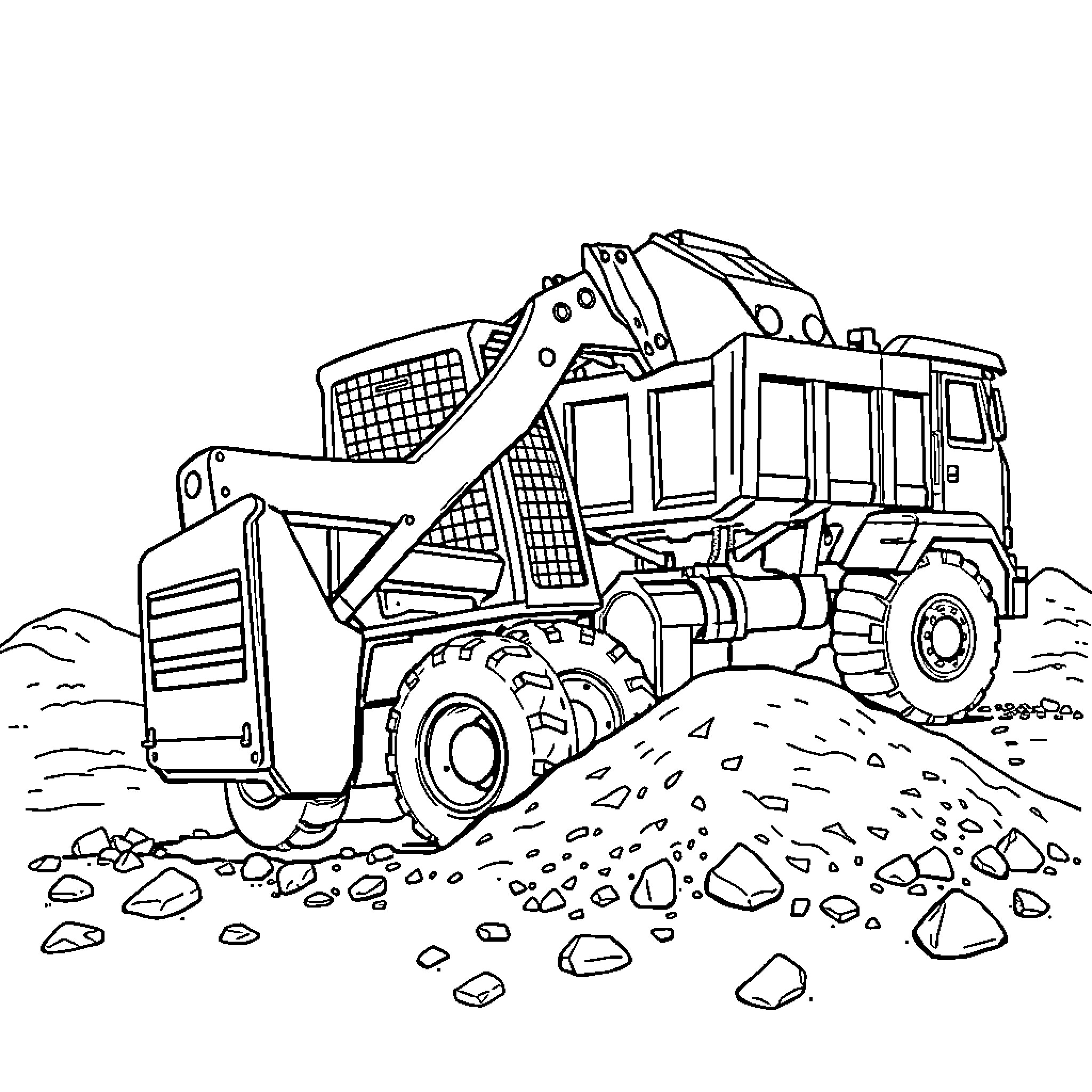 Skid Steer Loader at Work on Construction Site Coloring Page (free black-and-white line drawing printable PDF for all, from beginners to advanced learners, including children, teens, adults, and seniors)