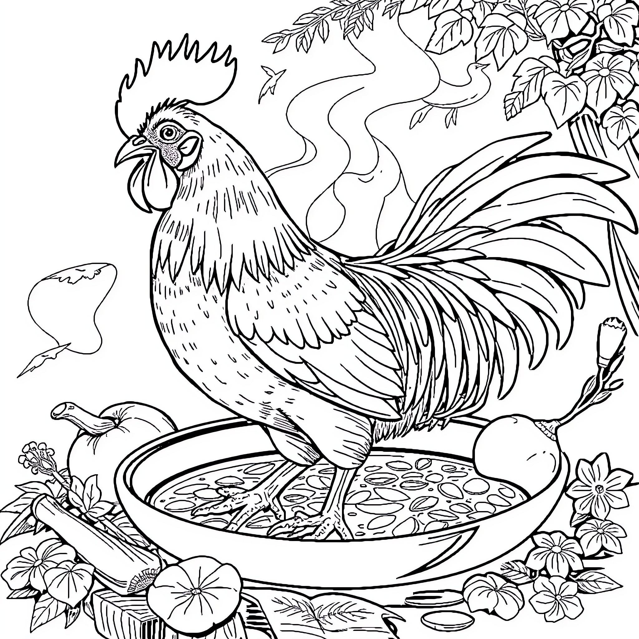Chicken enjoying a meal in a garden scene Coloring Page (free black-and-white line drawing printable PDF for all, from beginners to advanced learners, including children, teens, adults, and seniors)