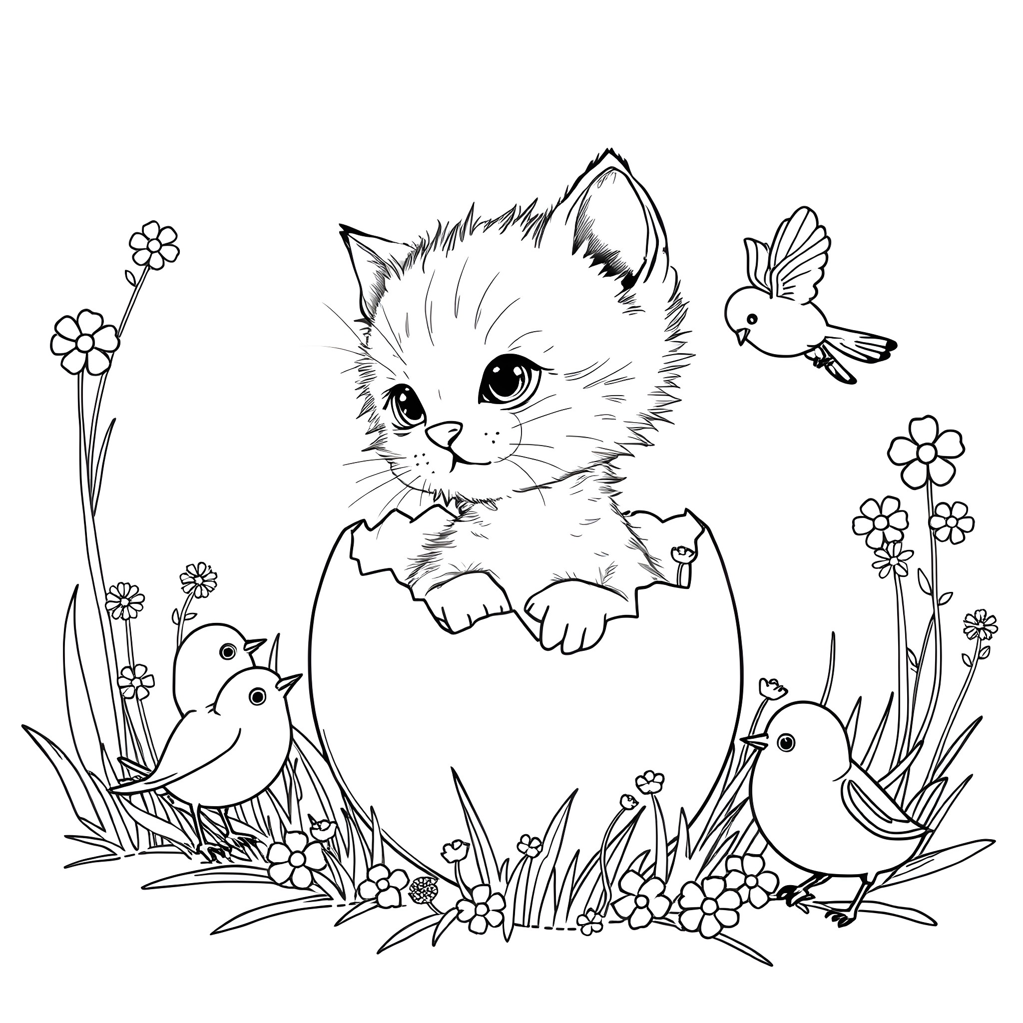 Kitten peeking out from an egg with birds Coloring Page (free black-and-white line drawing printable PDF for all, from beginners to advanced learners, including children, teens, adults, and seniors)