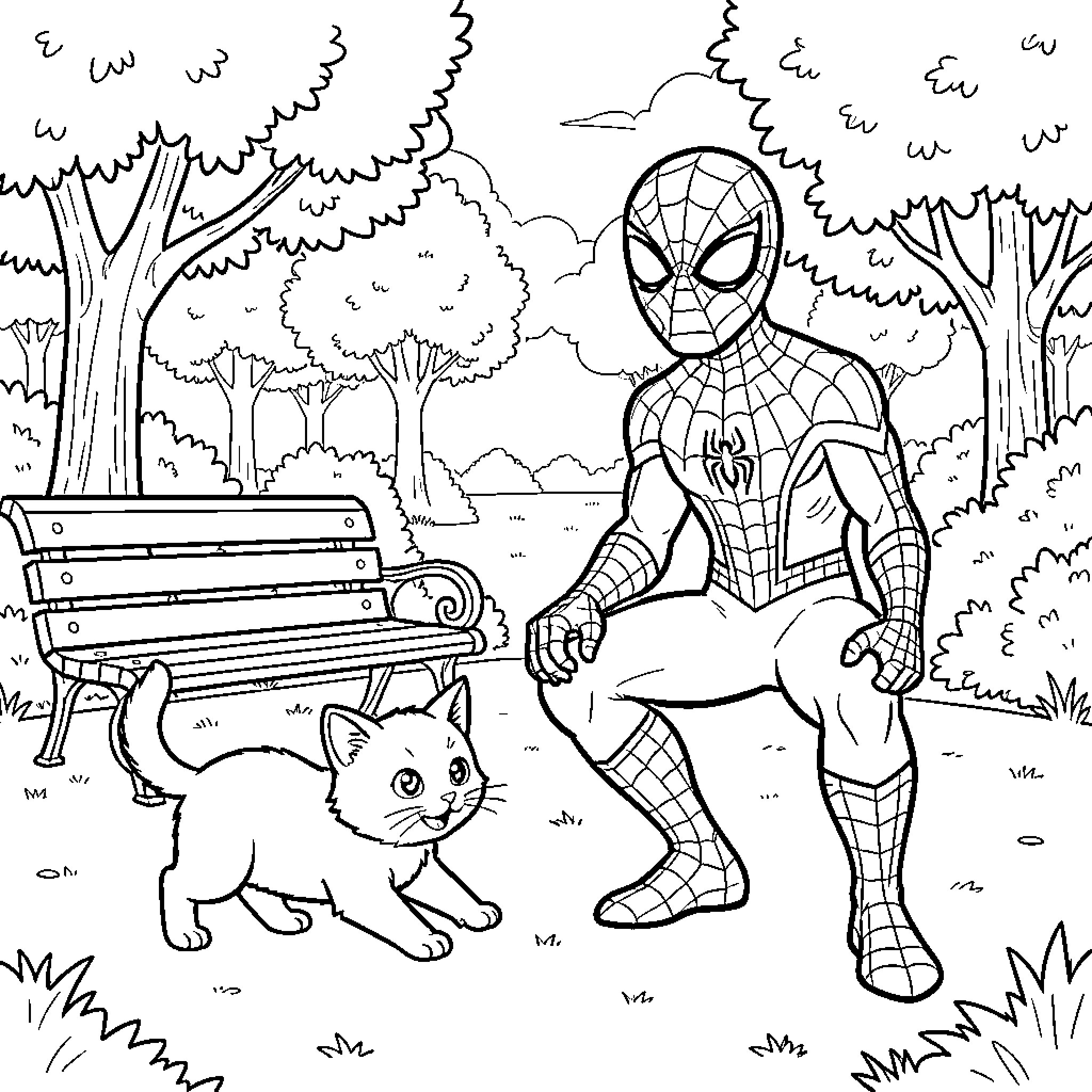 Cat and Superhero in Peaceful Park Coloring Page (free black-and-white line drawing printable PDF for all, from beginners to advanced learners, including children, teens, adults, and seniors)