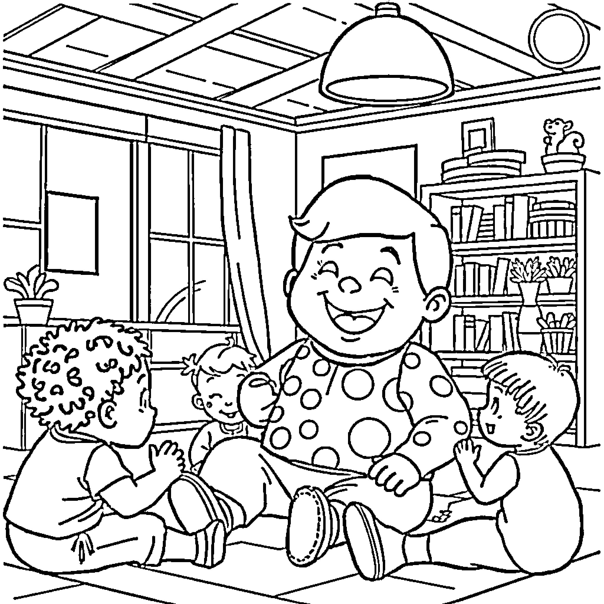 Mr Tumble playing happily with children in a cozy room Coloring Page (free black-and-white line drawing printable PDF for all, from beginners to advanced learners, including children, teens, adults, and seniors)