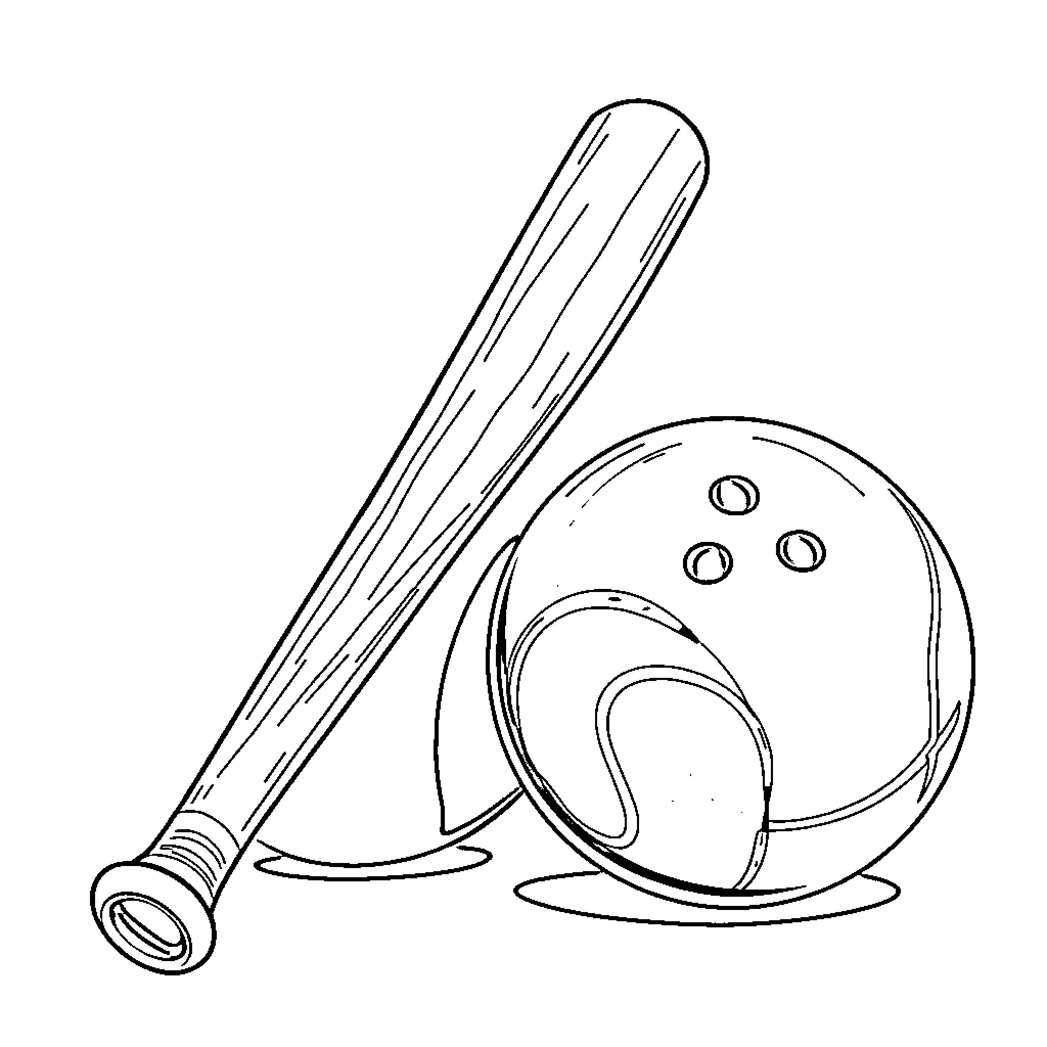 Baseball Bat and Bowling Ball Equipment Coloring Page (free black-and-white line drawing printable PDF for all, from beginners to advanced learners, including children, teens, adults, and seniors)