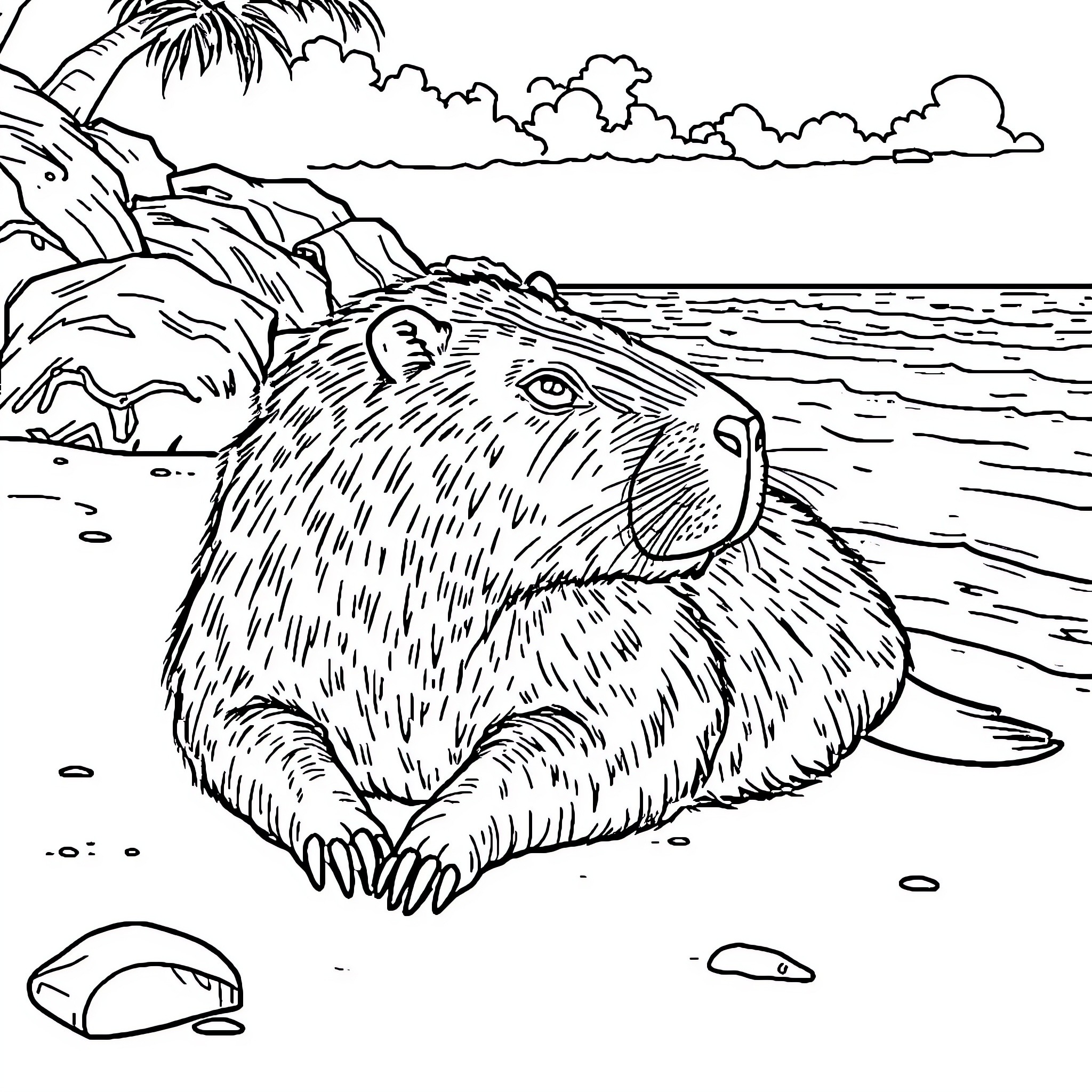 Capybara resting on the beach Coloring Page (free black-and-white line drawing printable PDF for all, from beginners to advanced learners, including children, teens, adults, and seniors)
