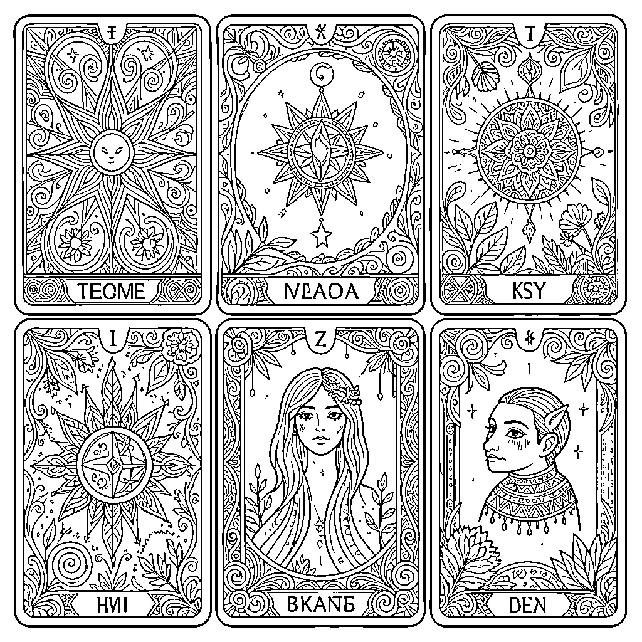 Tarot Card set featuring celestial symbols and mystical figures Coloring Page (free black-and-white line drawing printable PDF for all, from beginners to advanced learners, including children, teens, adults, and seniors)