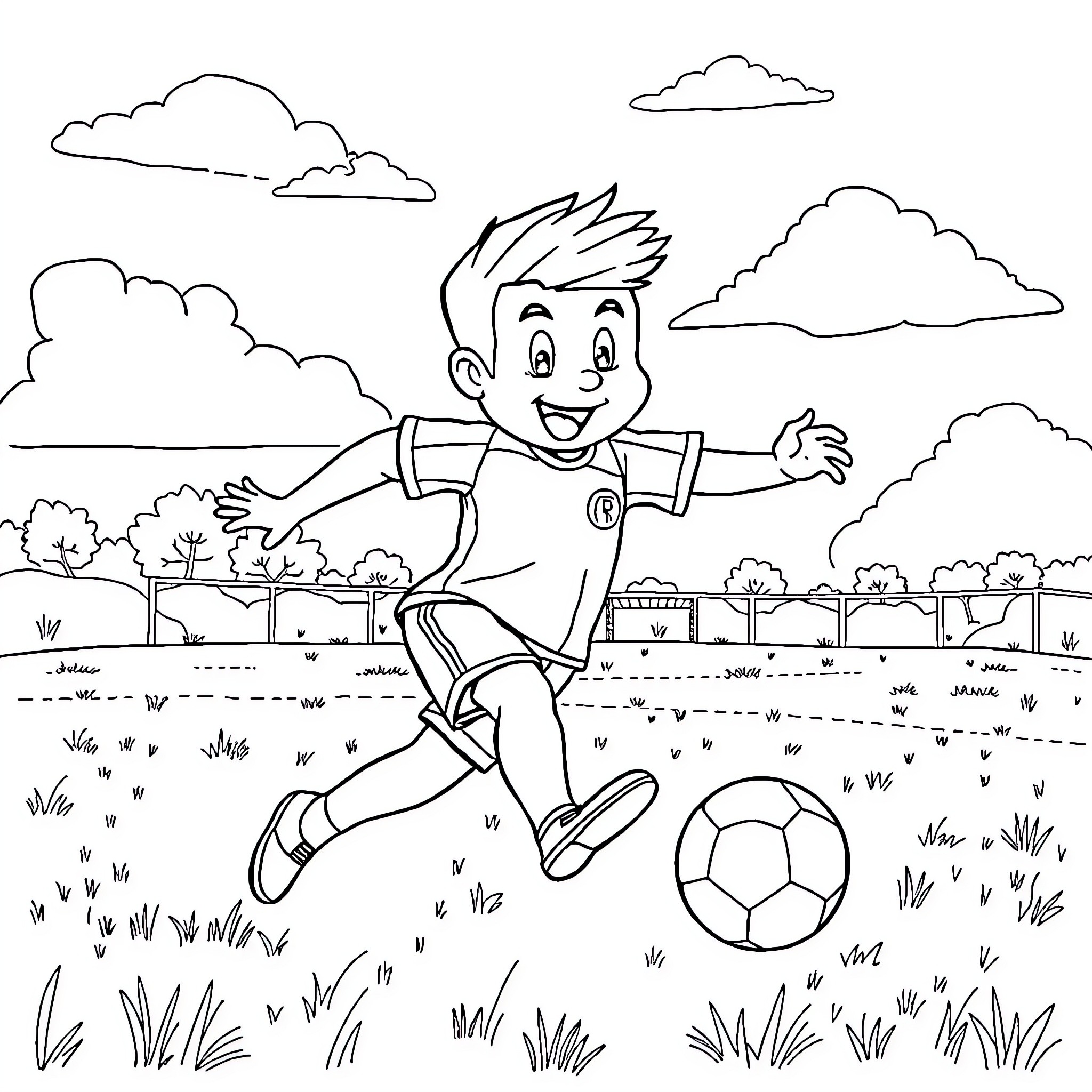 Paw Patrol character playing with soccer ball outdoors Coloring Page (free black-and-white line drawing printable PDF for all, from beginners to advanced learners, including children, teens, adults, and seniors)
