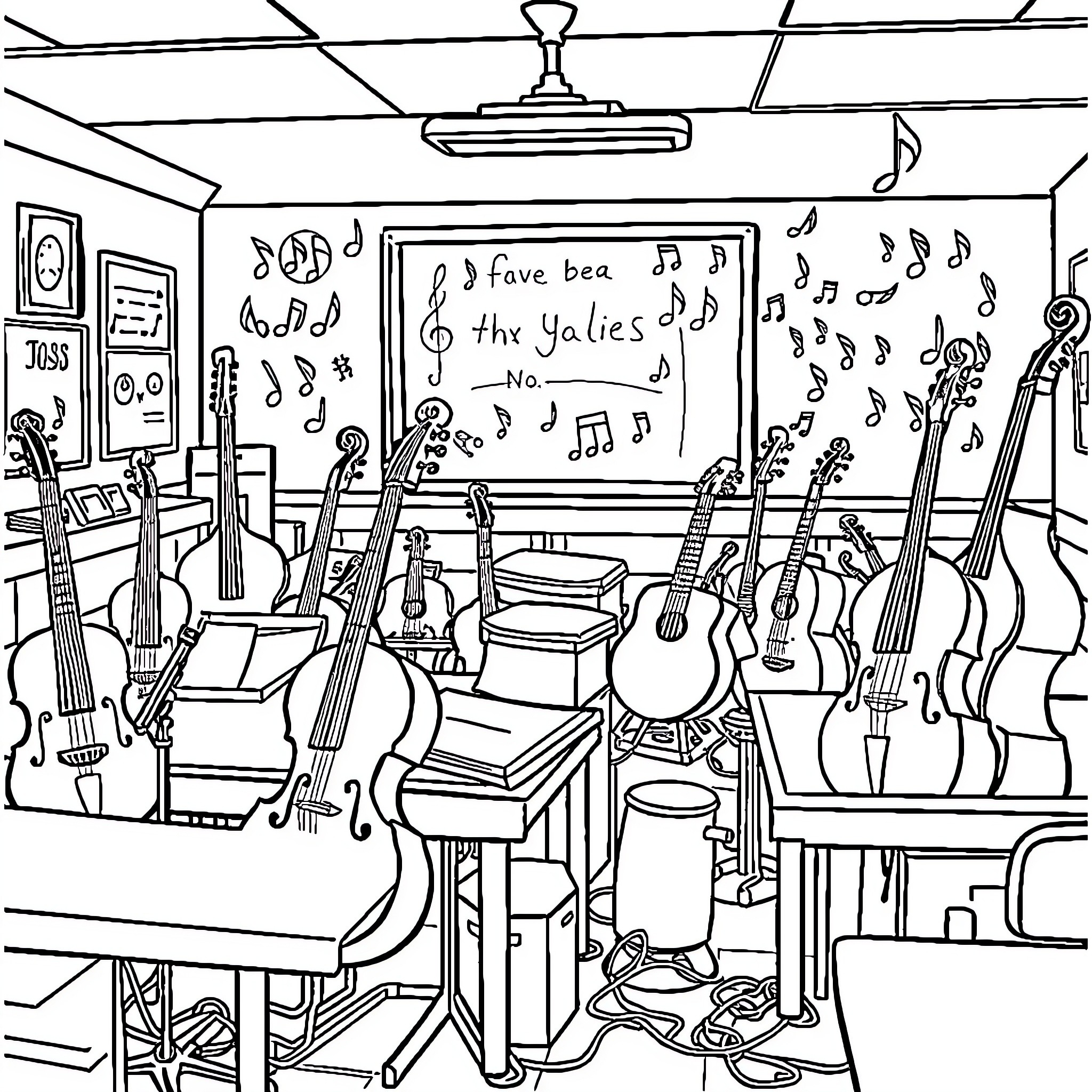 Instrument room filled with musical equipment Coloring Page (free black-and-white line drawing printable PDF for all, from beginners to advanced learners, including children, teens, adults, and seniors)