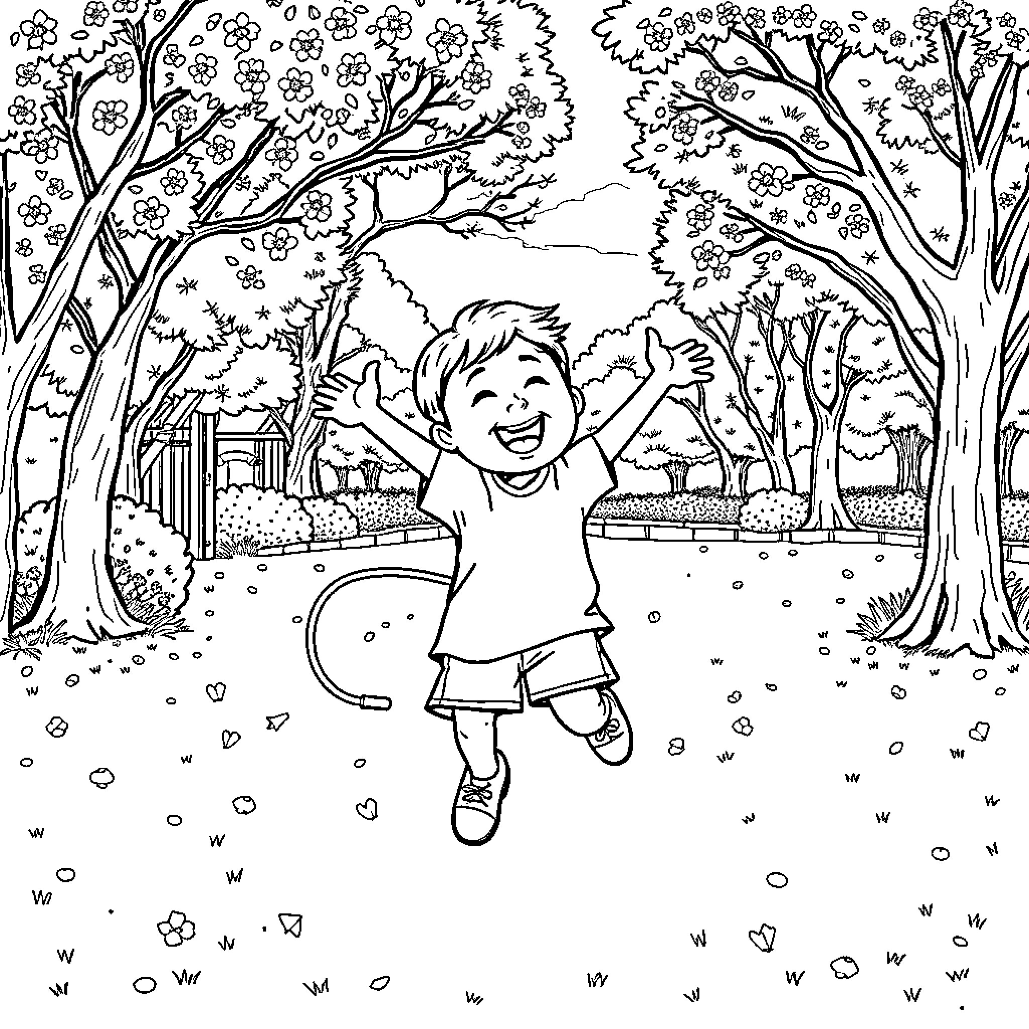 Sankoku: Boy's Joyful Romp in Nature's Embrace Coloring Page (free black-and-white line drawing printable PDF for all, from beginners to advanced learners, including children, teens, adults, and seniors)