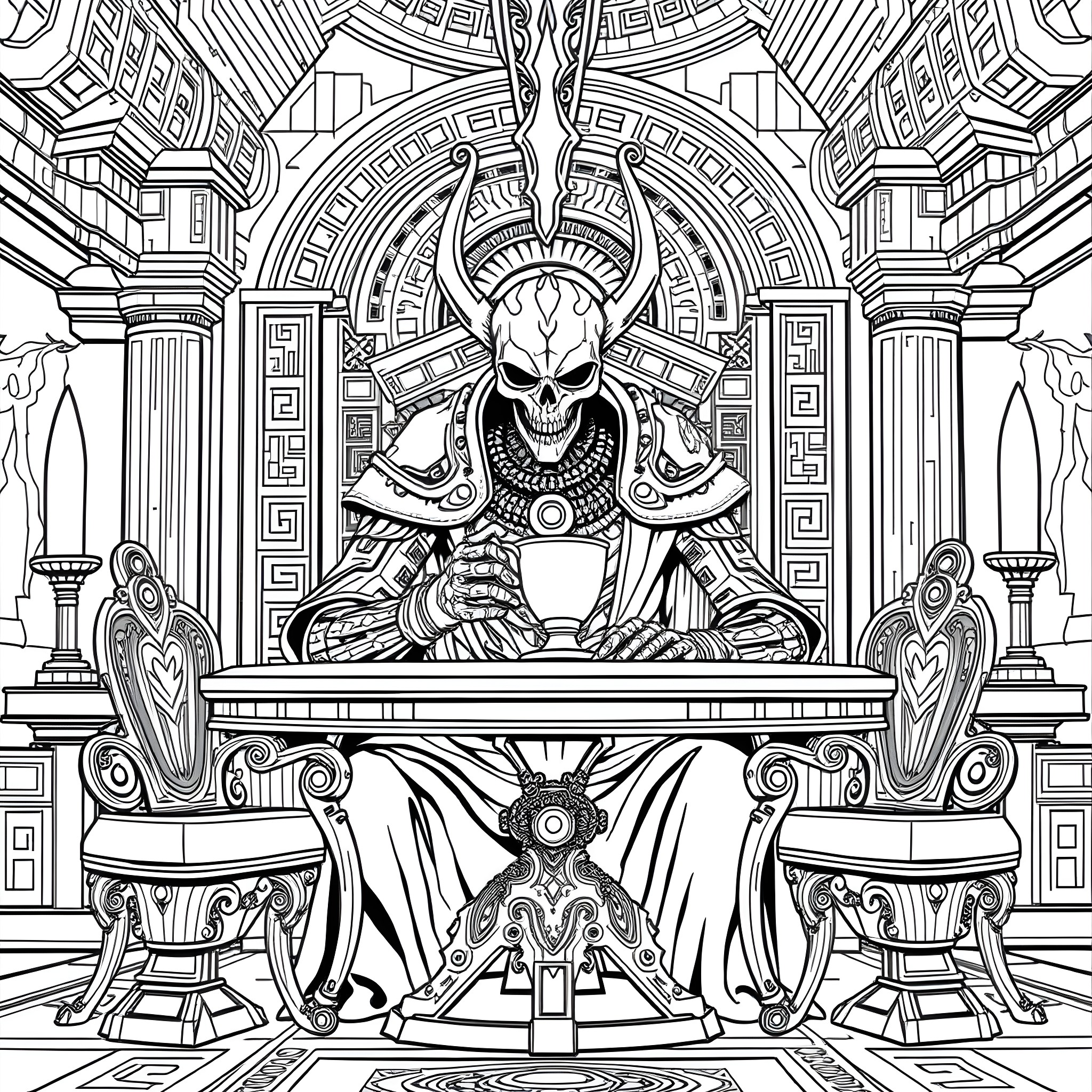 Necron Overlord's Ominous Throne Room Coloring Page (free black-and-white line drawing printable PDF for all, from beginners to advanced learners, including children, teens, adults, and seniors)