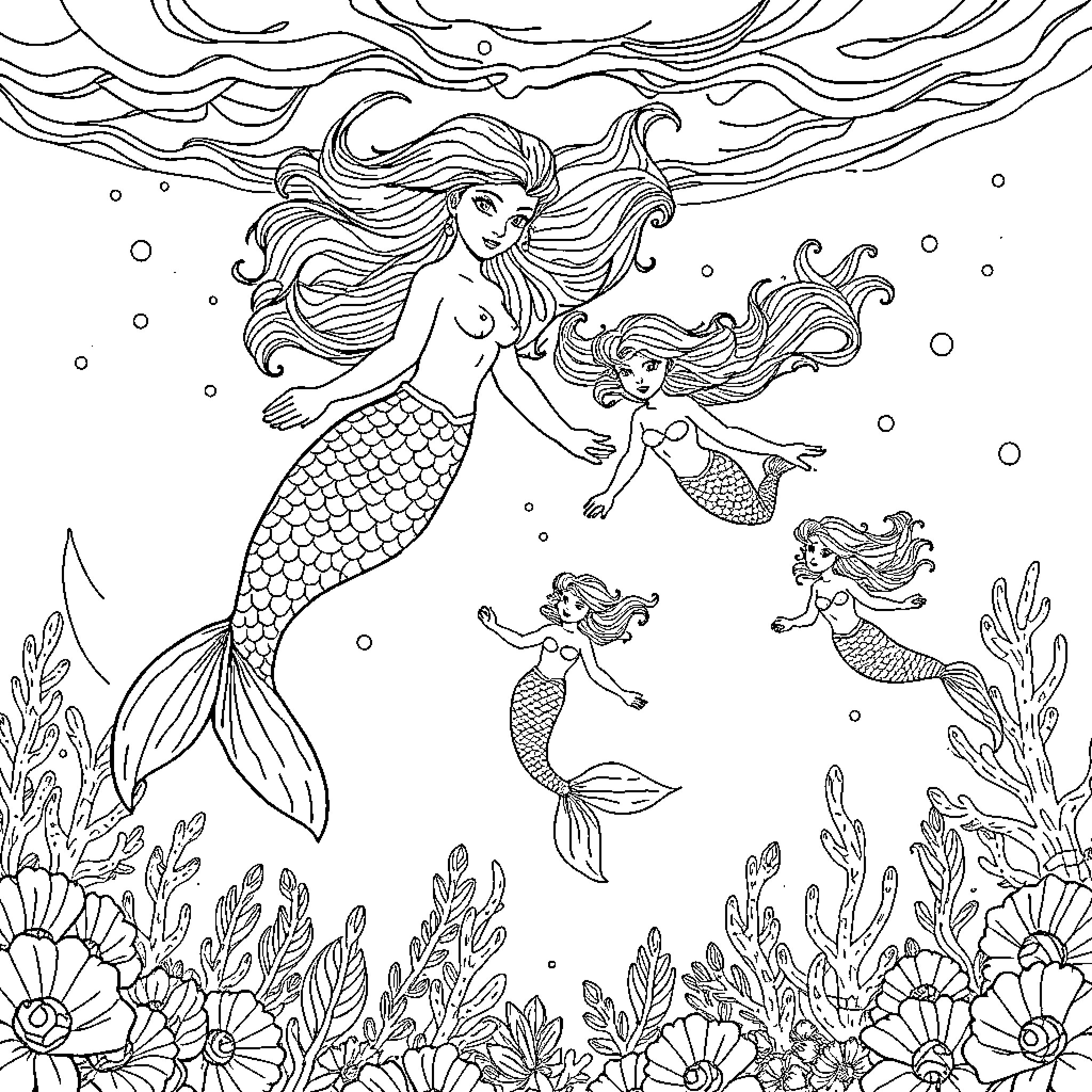 Mermaid family swimming in the ocean Coloring Page (free black-and-white line drawing printable PDF for all, from beginners to advanced learners, including children, teens, adults, and seniors)