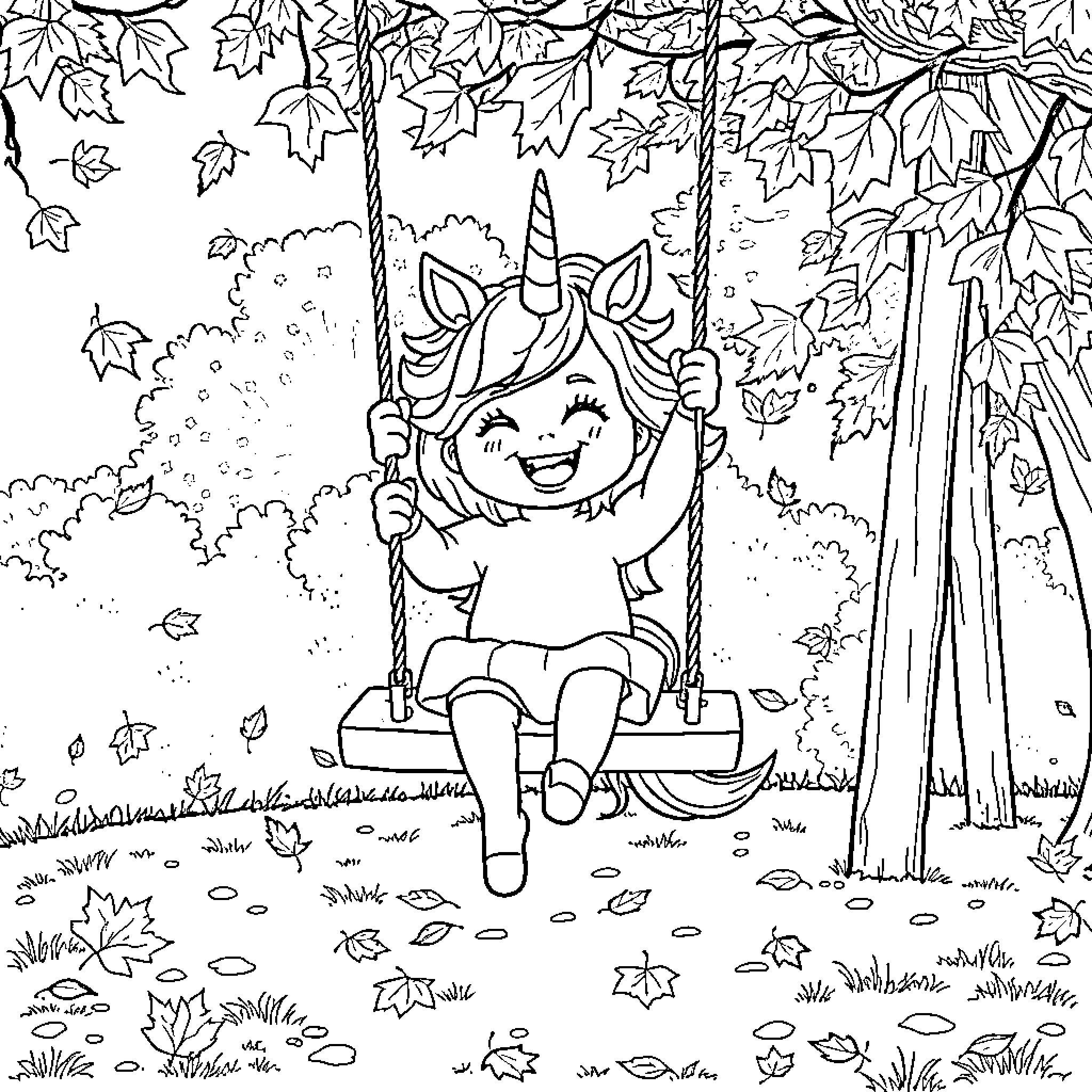 Unicorn enjoying a cheerful swing in the autumn forest Coloring Page (free black-and-white line drawing printable PDF for all, from beginners to advanced learners, including children, teens, adults, and seniors)