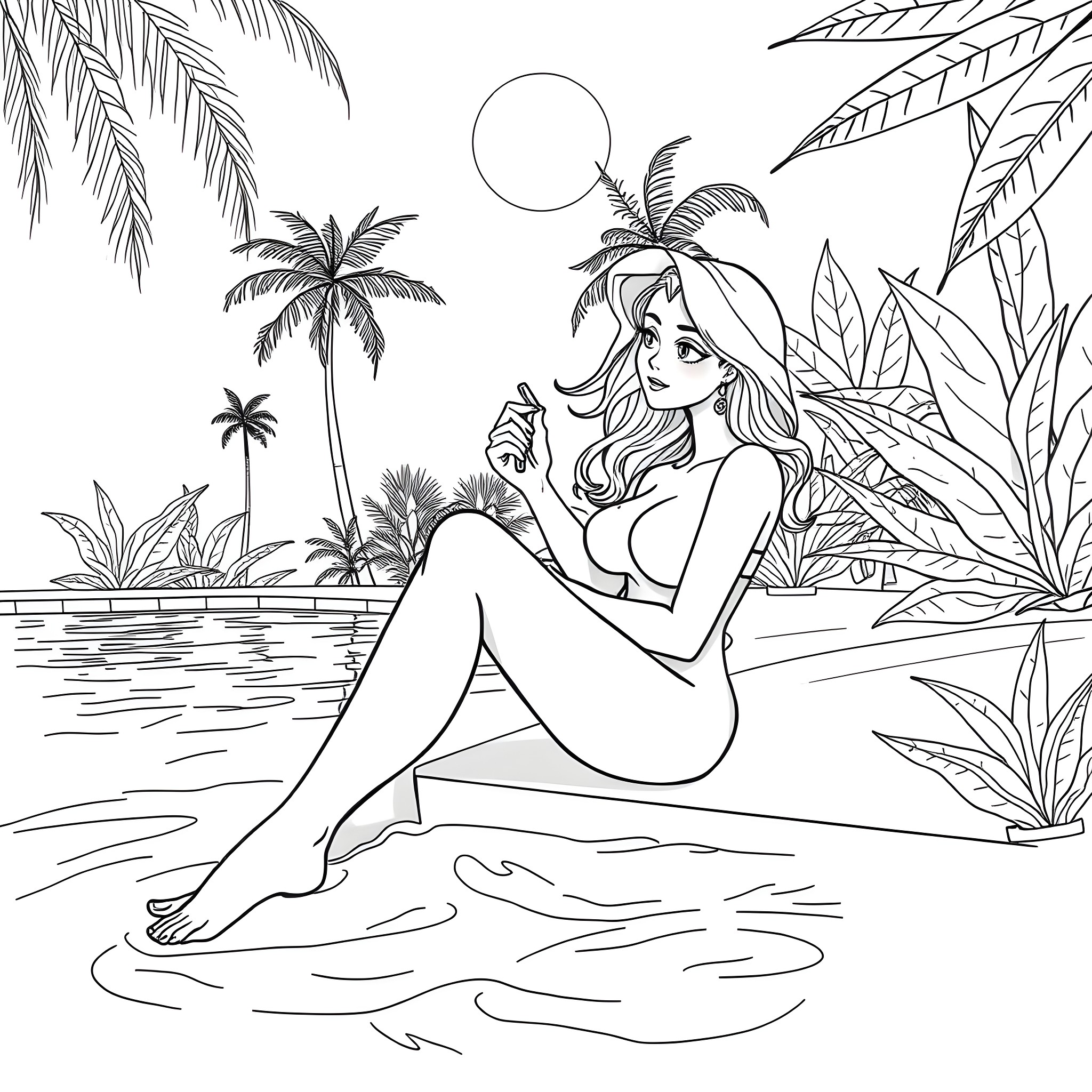 Girl enjoying tropical beach scenery Coloring Page (free black-and-white line drawing printable PDF for all, from beginners to advanced learners, including children, teens, adults, and seniors)