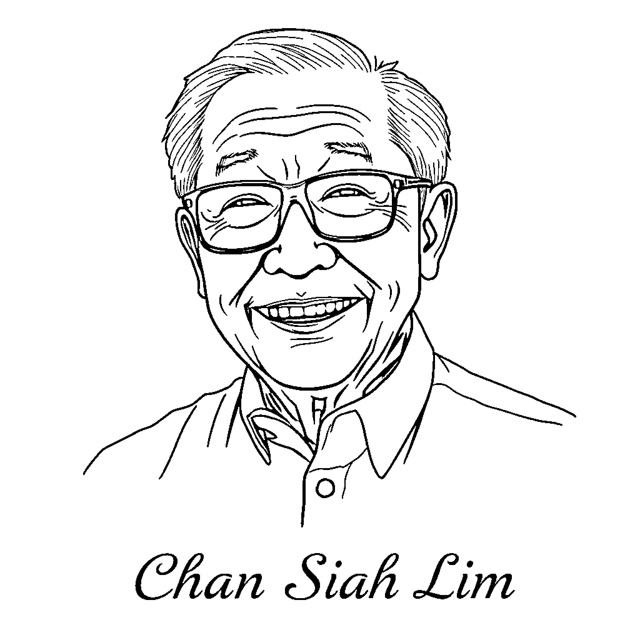 Elderly gentleman in glasses smiling happily Coloring Page (free black-and-white line drawing printable PDF for all, from beginners to advanced learners, including children, teens, adults, and seniors)