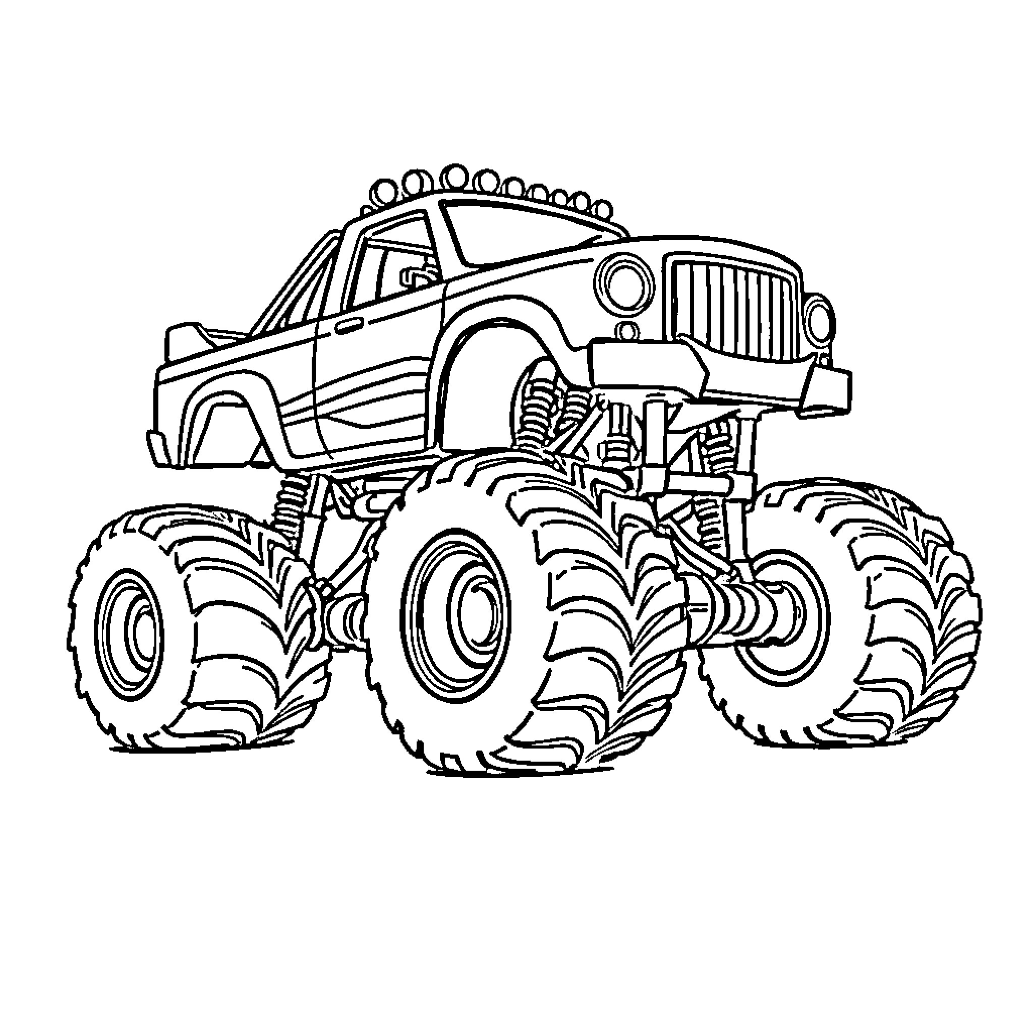 Monster Truck Crushing Through Obstacles Coloring Page (free black-and-white line drawing printable PDF for all, from beginners to advanced learners, including children, teens, adults, and seniors)