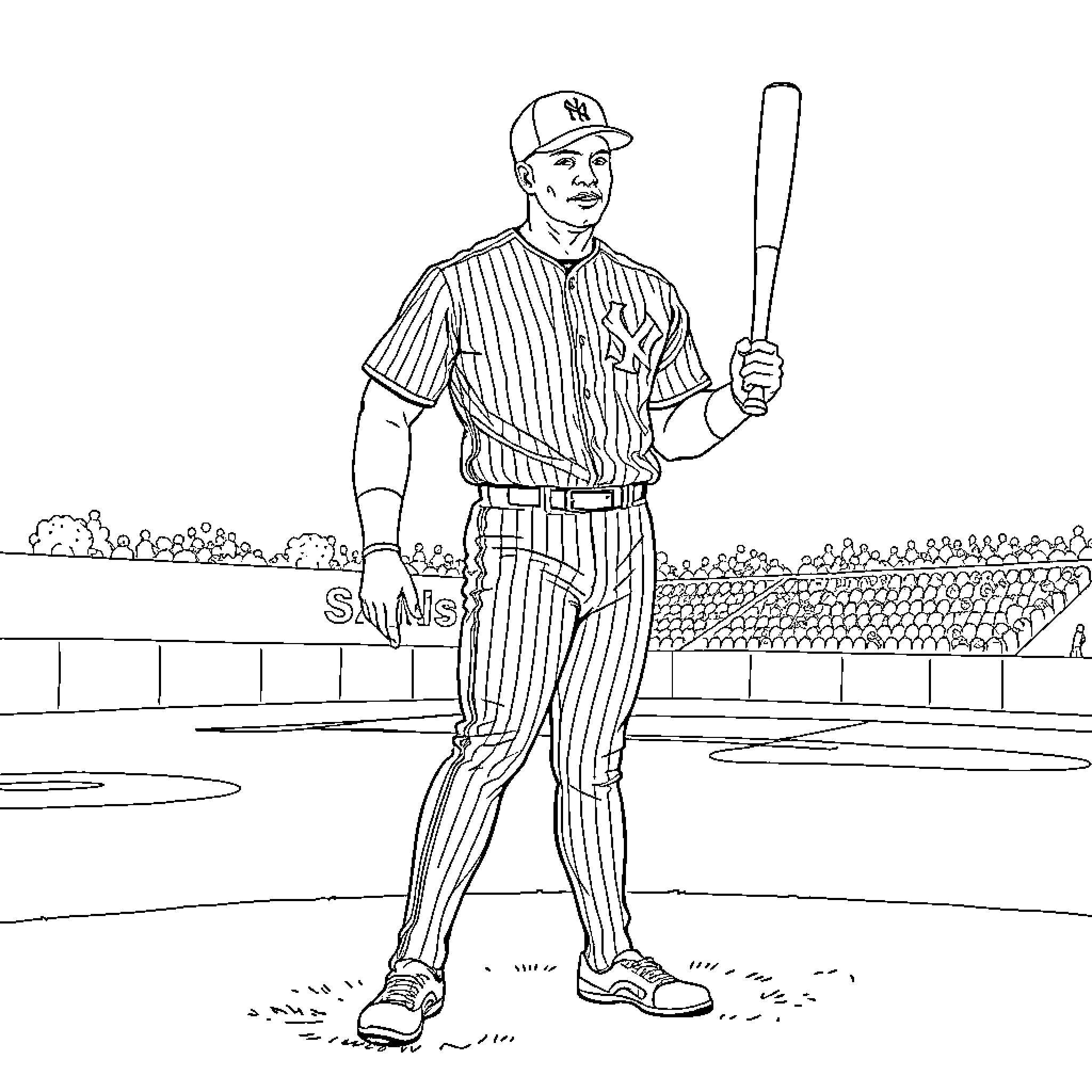 Sammy Sosa in batting stance on baseball field Coloring Page (free black-and-white line drawing printable PDF for all, from beginners to advanced learners, including children, teens, adults, and seniors)