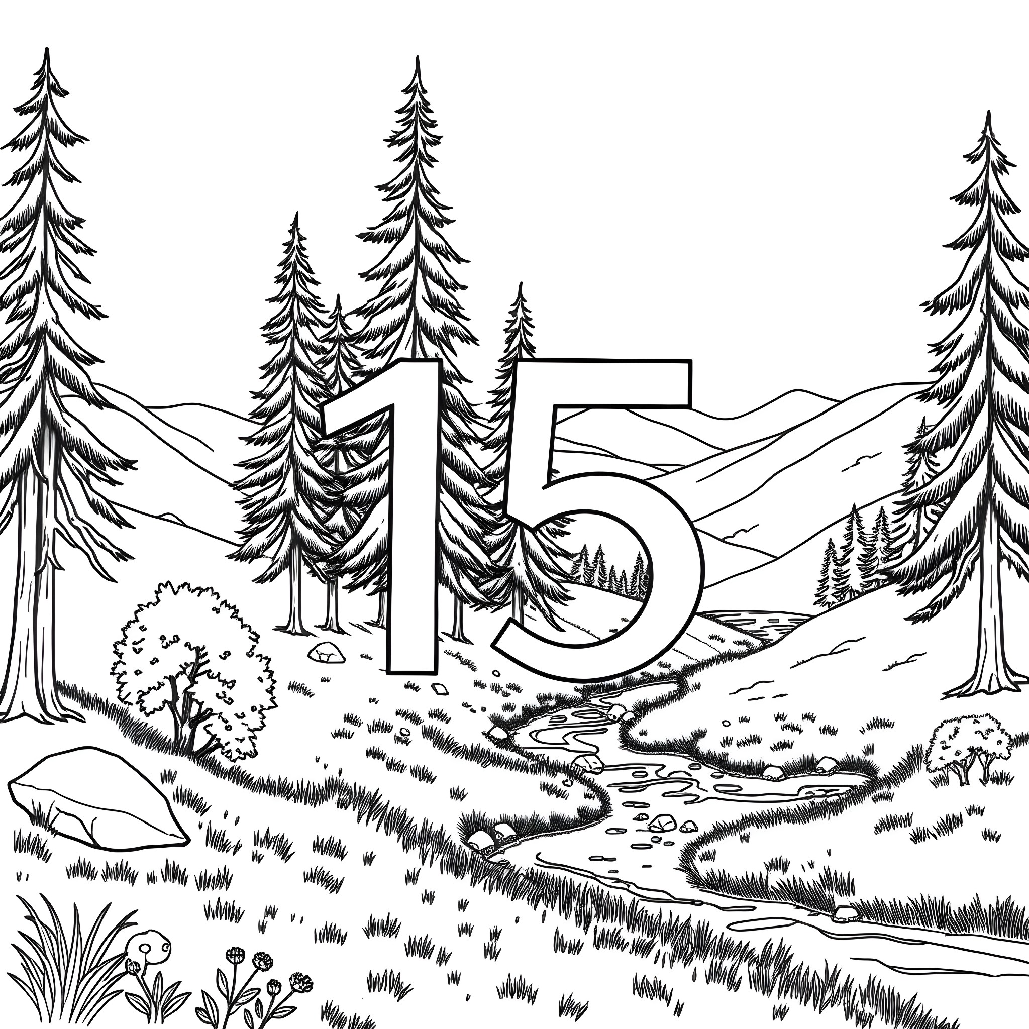 Number 15 camping adventure in the forest Coloring Page (free black-and-white line drawing printable PDF for all, from beginners to advanced learners, including children, teens, adults, and seniors)