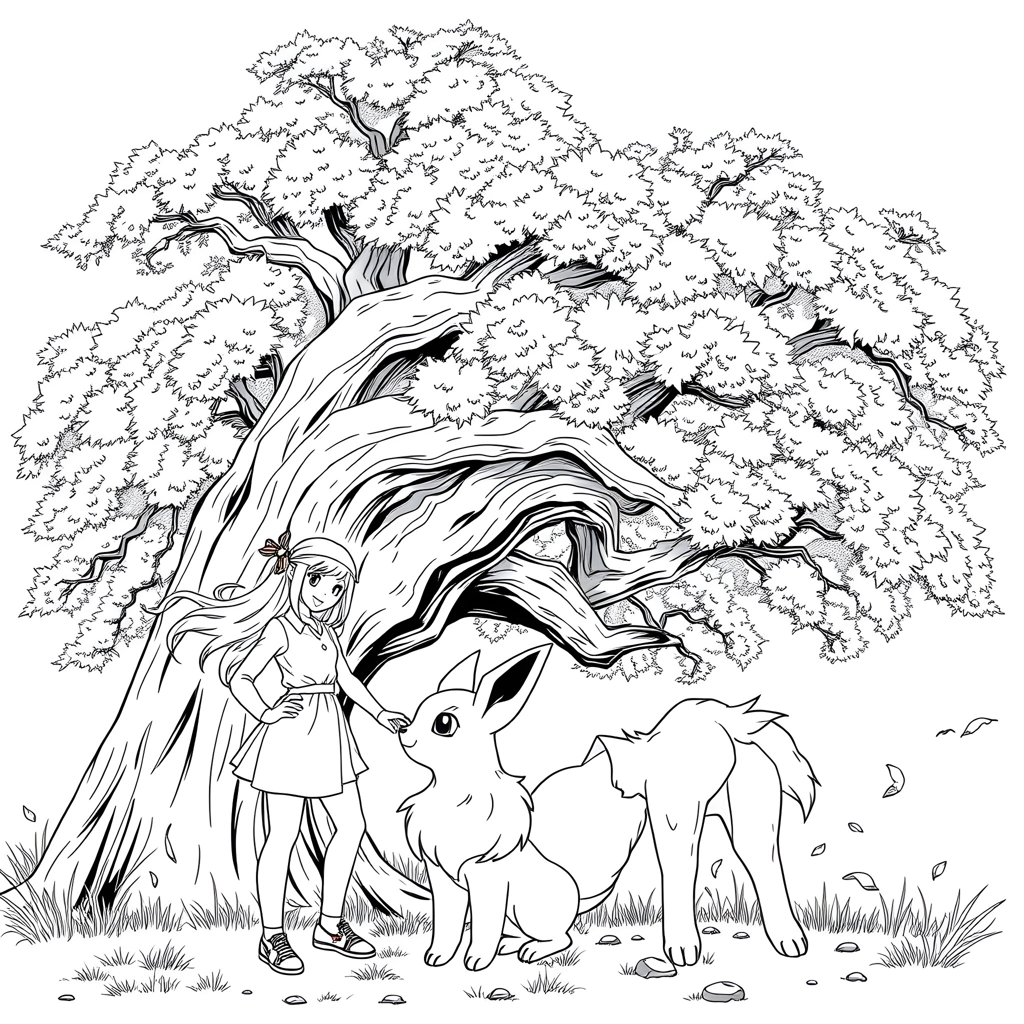 Lady in Wonderland with Mystical Forest Creatures Coloring Page (free black-and-white line drawing printable PDF for all, from beginners to advanced learners, including children, teens, adults, and seniors)