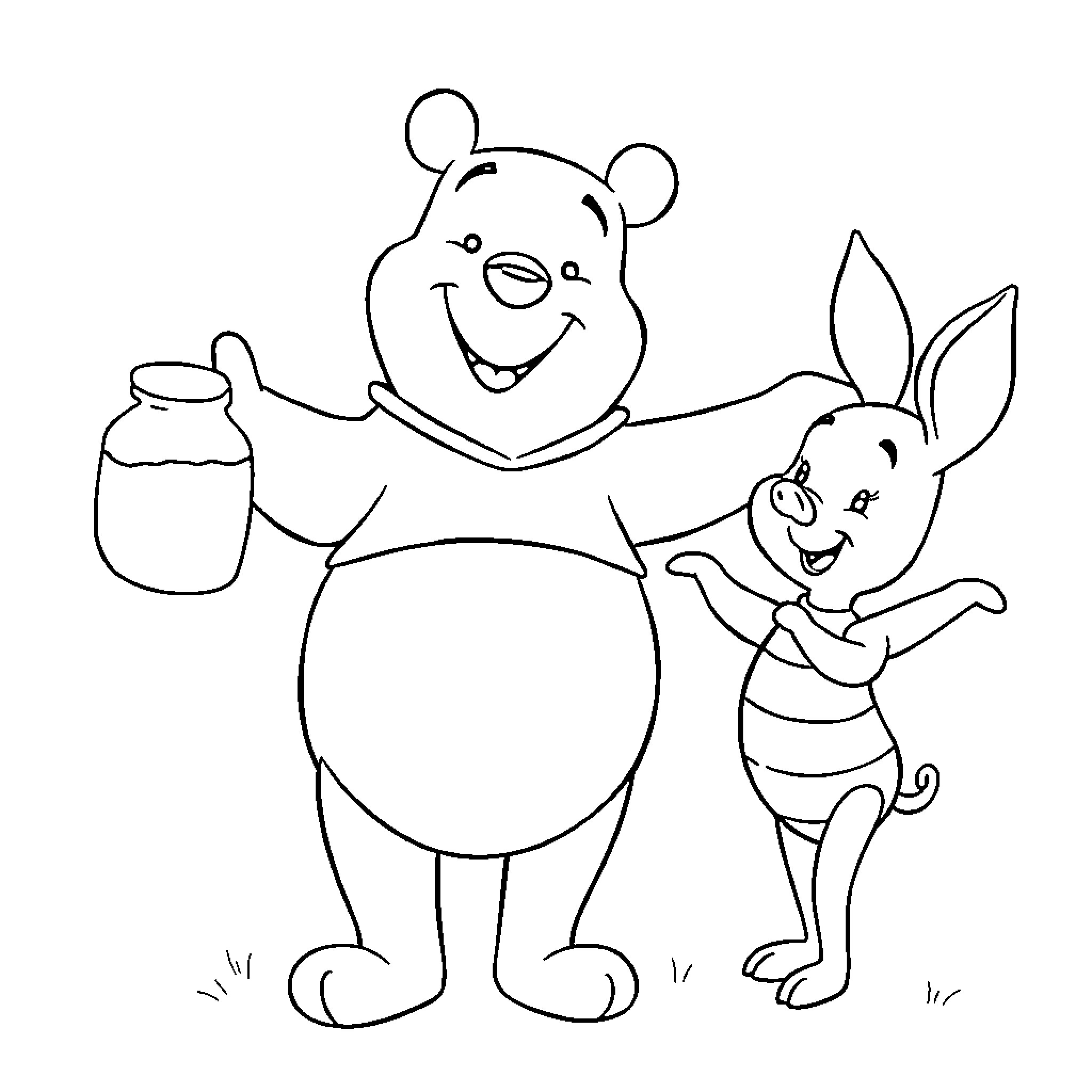 Winnie The Pooh and Piglet sharing honey together Coloring Page (free black-and-white line drawing printable PDF for all, from beginners to advanced learners, including children, teens, adults, and seniors)