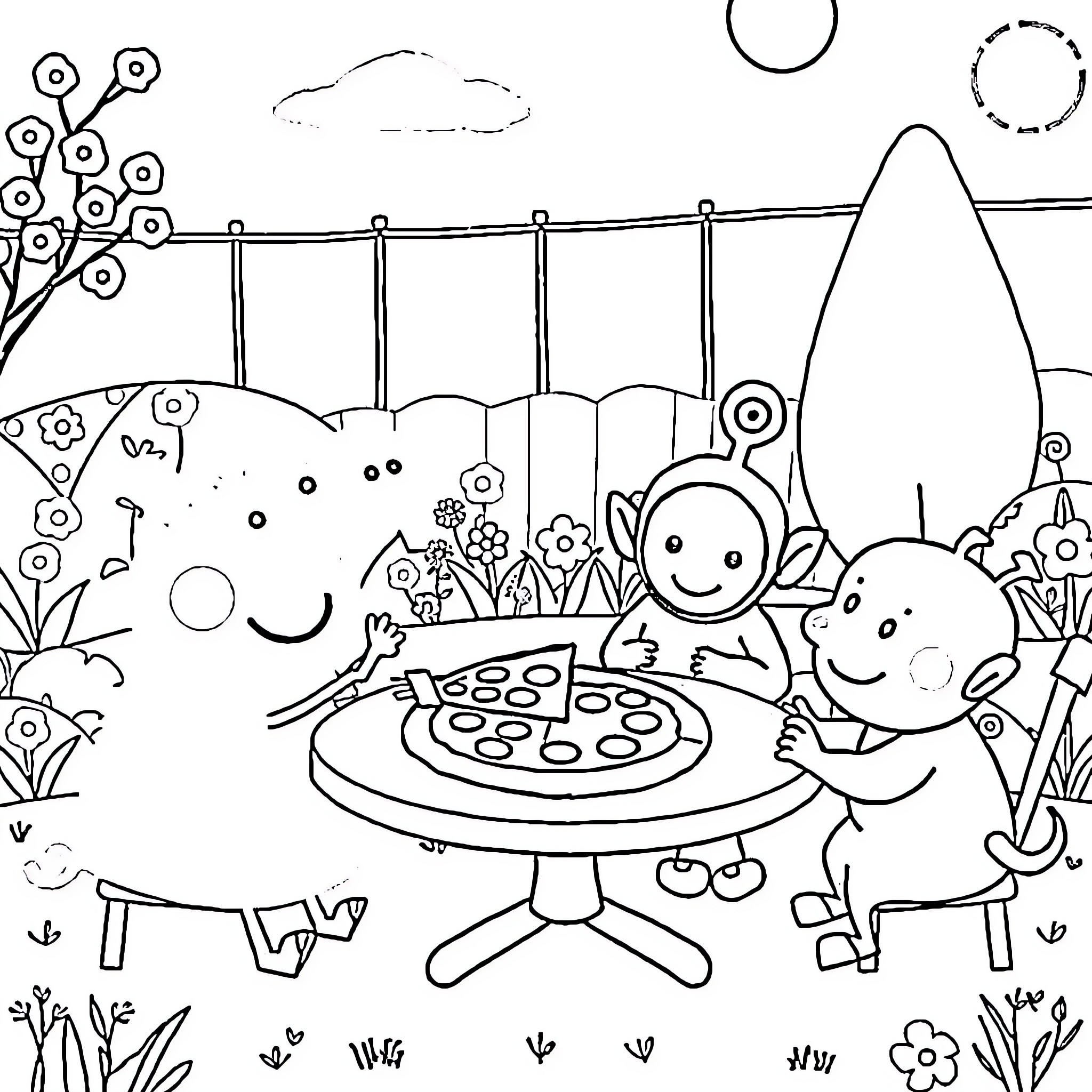 Peppa Pig and friends having a picnic in the park Coloring Page (free black-and-white line drawing printable PDF for all, from beginners to advanced learners, including children, teens, adults, and seniors)