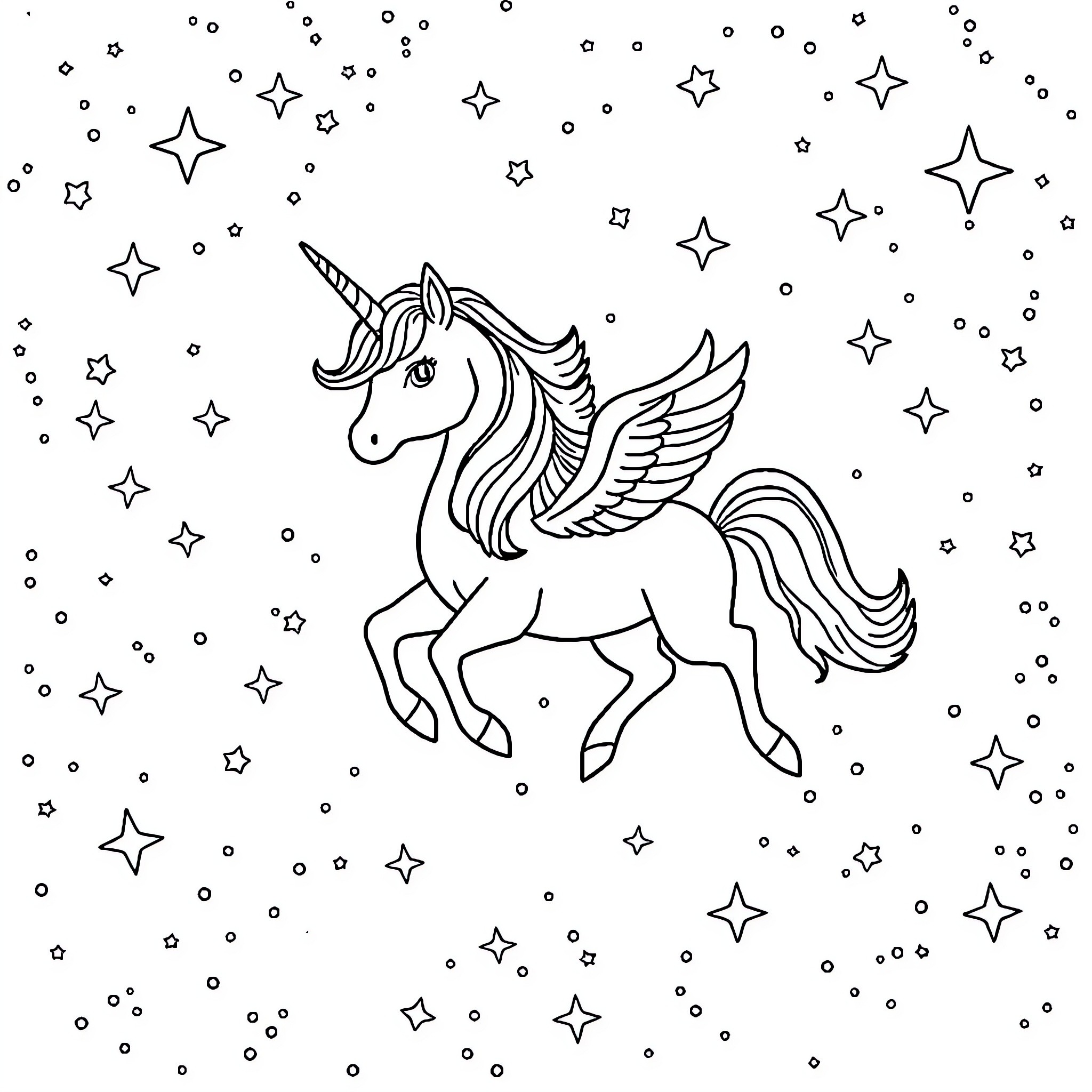 Unicorn soaring through a starry night sky Coloring Page (free black-and-white line drawing printable PDF for all, from beginners to advanced learners, including children, teens, adults, and seniors)