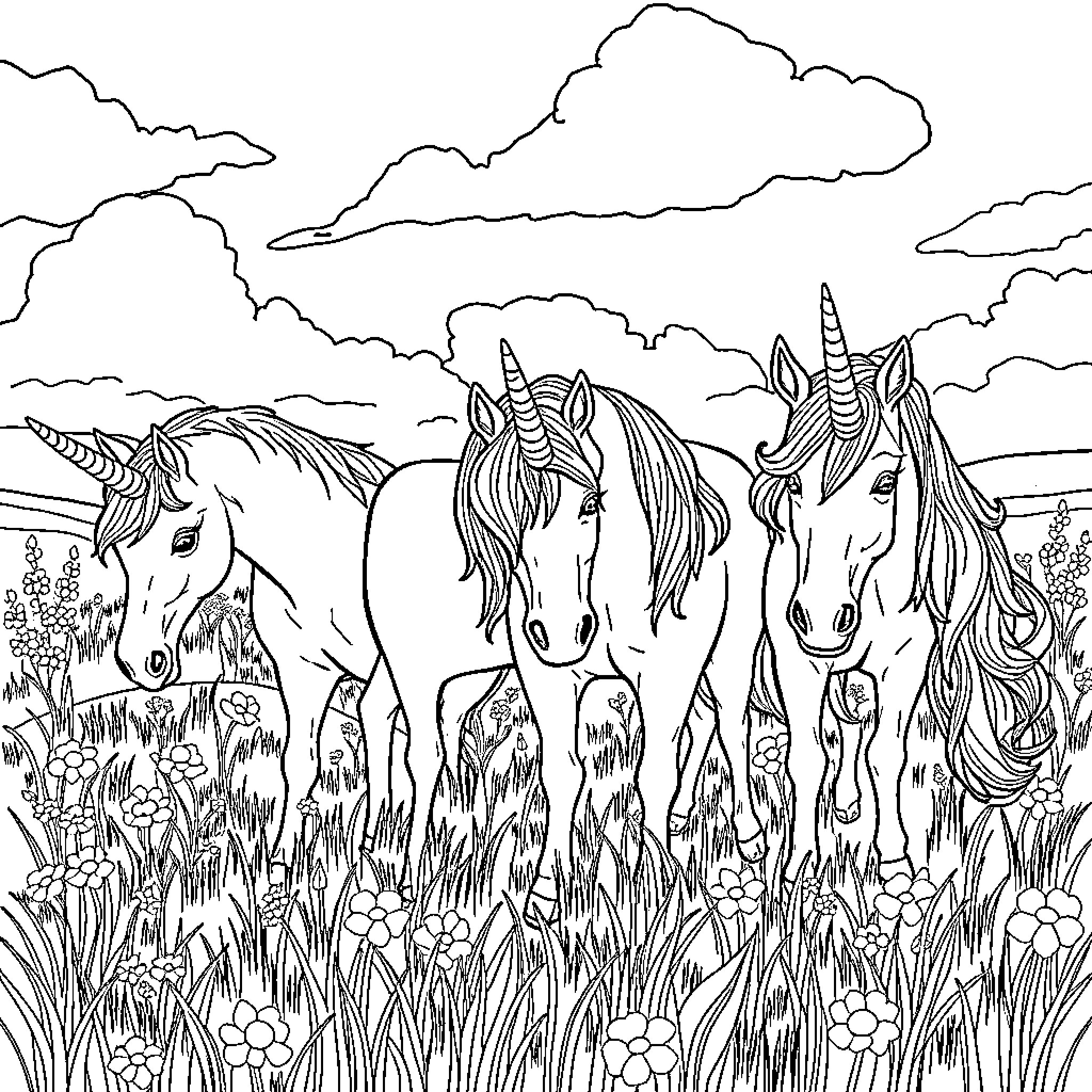 Unicorn herd exploring a grassy field with clouds Coloring Page (free black-and-white line drawing printable PDF for all, from beginners to advanced learners, including children, teens, adults, and seniors)