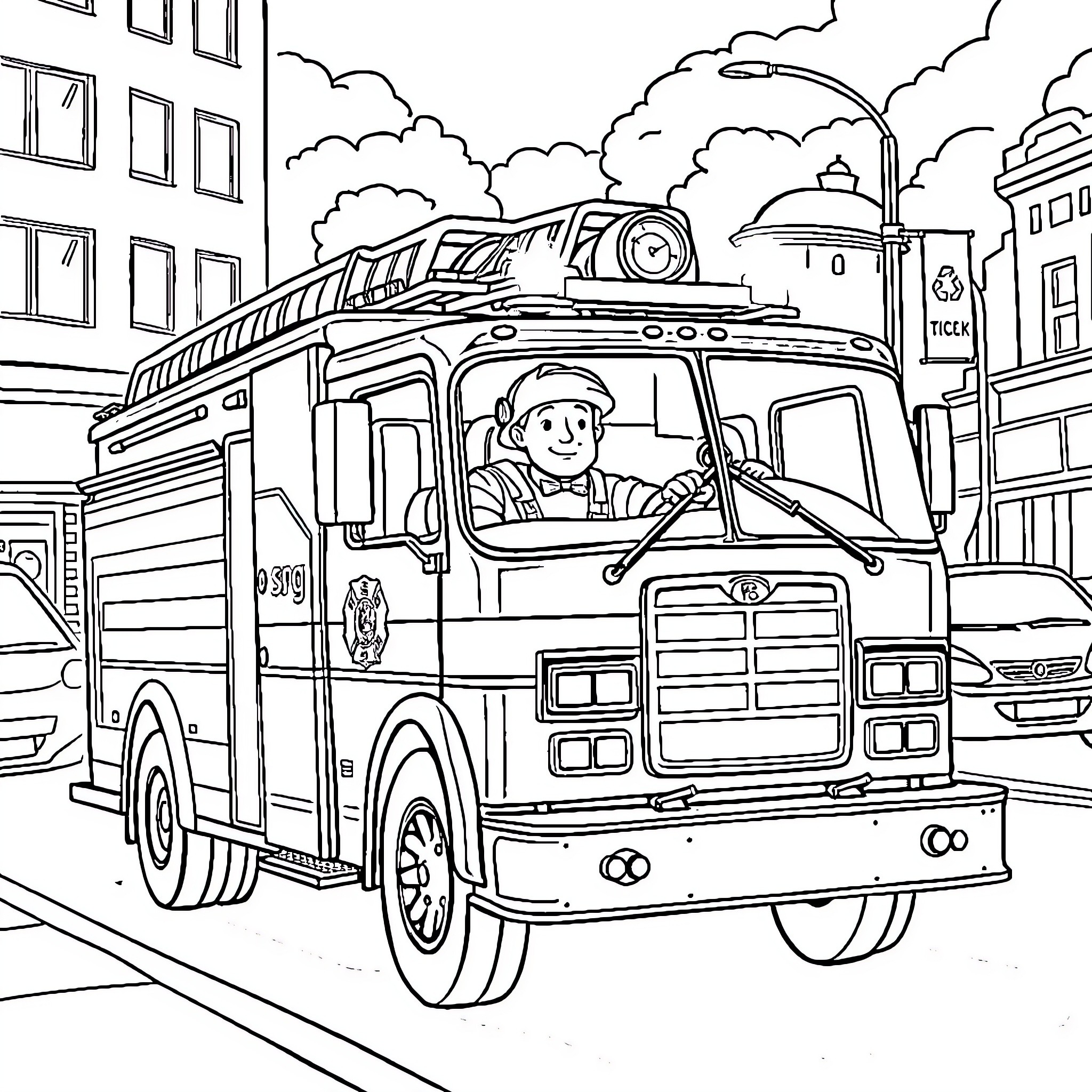 Fireman Sam driving fire engine through the city Coloring Page (free black-and-white line drawing printable PDF for all, from beginners to advanced learners, including children, teens, adults, and seniors)