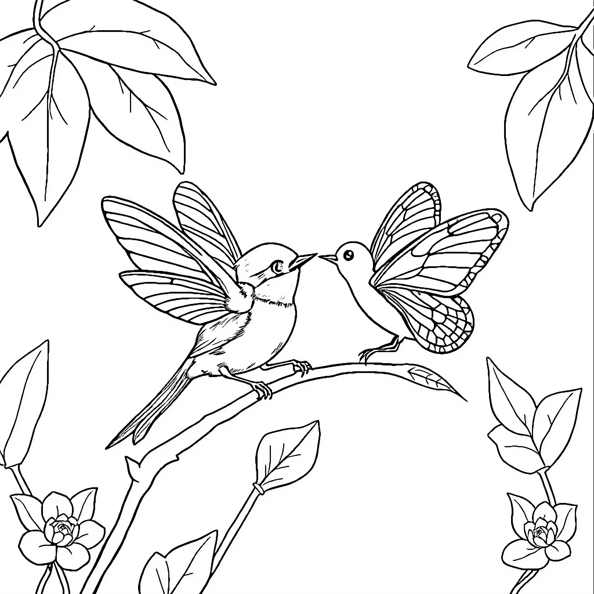 Ladybug and hummingbirds in a natural setting Coloring Page (free black-and-white line drawing printable PDF for all, from beginners to advanced learners, including children, teens, adults, and seniors)