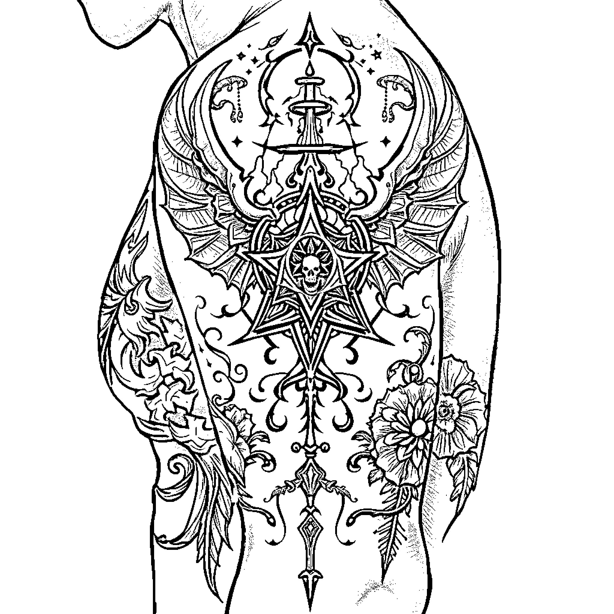 Gothic Tattoo Design with Intricate Symbols and Patterns Coloring Page (free black-and-white line drawing printable PDF for all, from beginners to advanced learners, including children, teens, adults, and seniors)