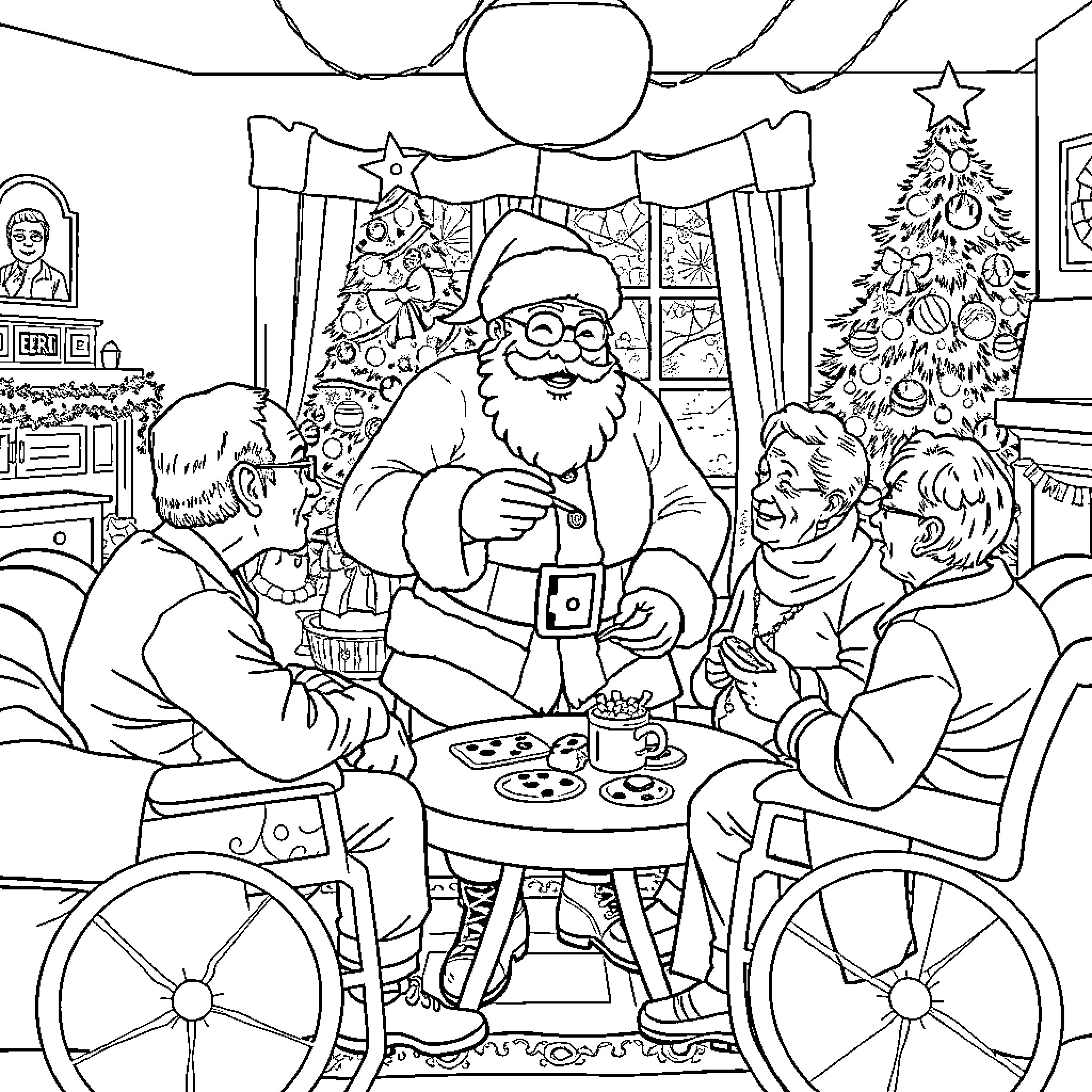 Santa Claus enjoying treats with children by the Christmas tree Coloring Page (free black-and-white line drawing printable PDF for all, from beginners to advanced learners, including children, teens, adults, and seniors)