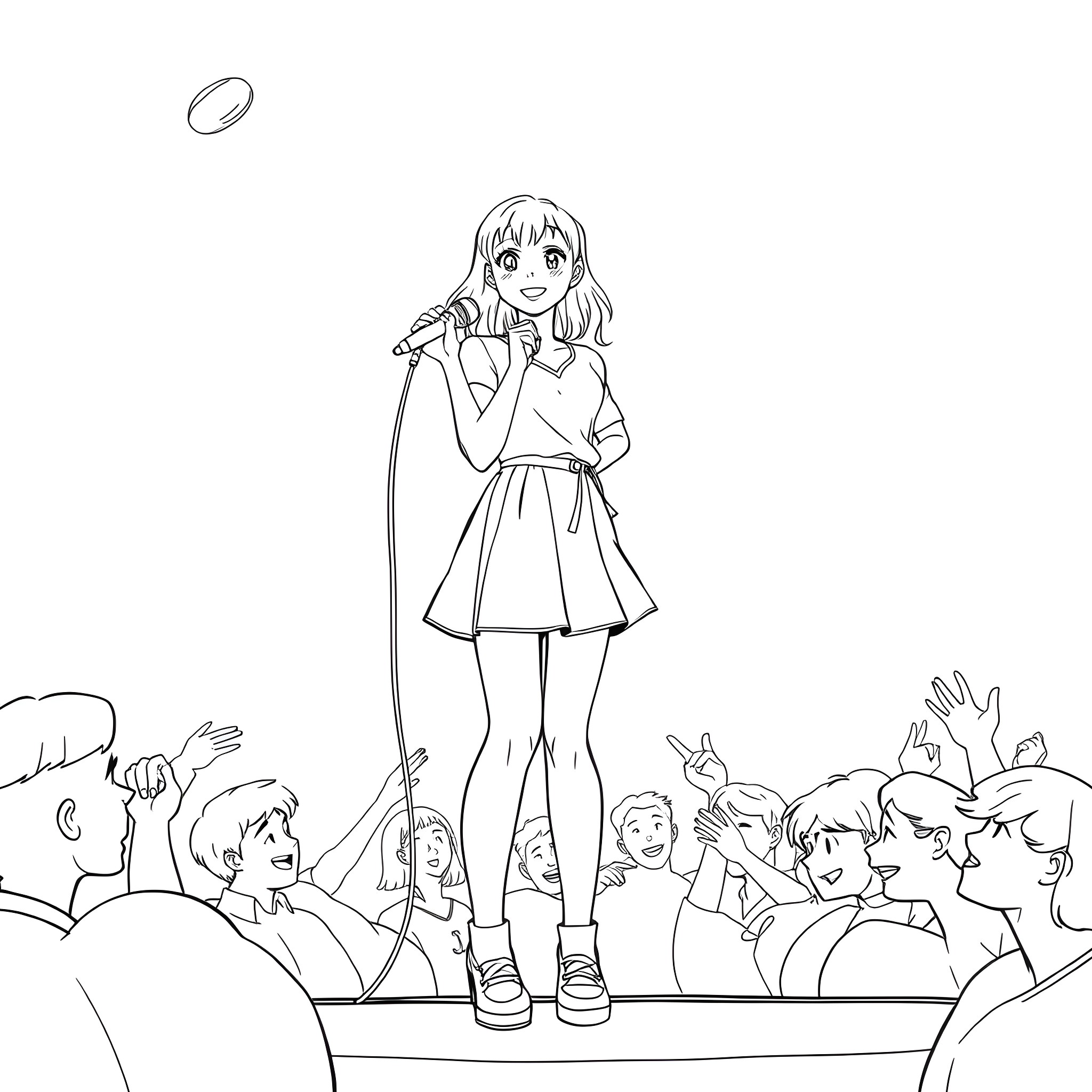 Teen Girl Performing on Stage with Audience Coloring Page (free black-and-white line drawing printable PDF for all, from beginners to advanced learners, including children, teens, adults, and seniors)