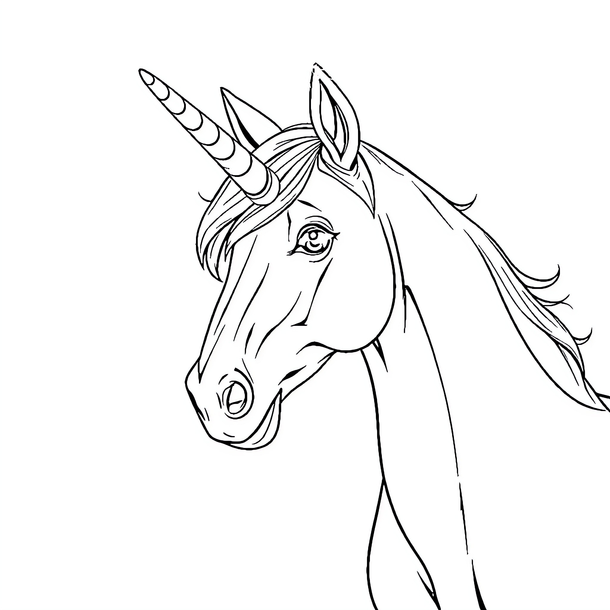 Unicorn with Expressive Features and Stylized Mane Coloring Page (free black-and-white line drawing printable PDF for all, from beginners to advanced learners, including children, teens, adults, and seniors)