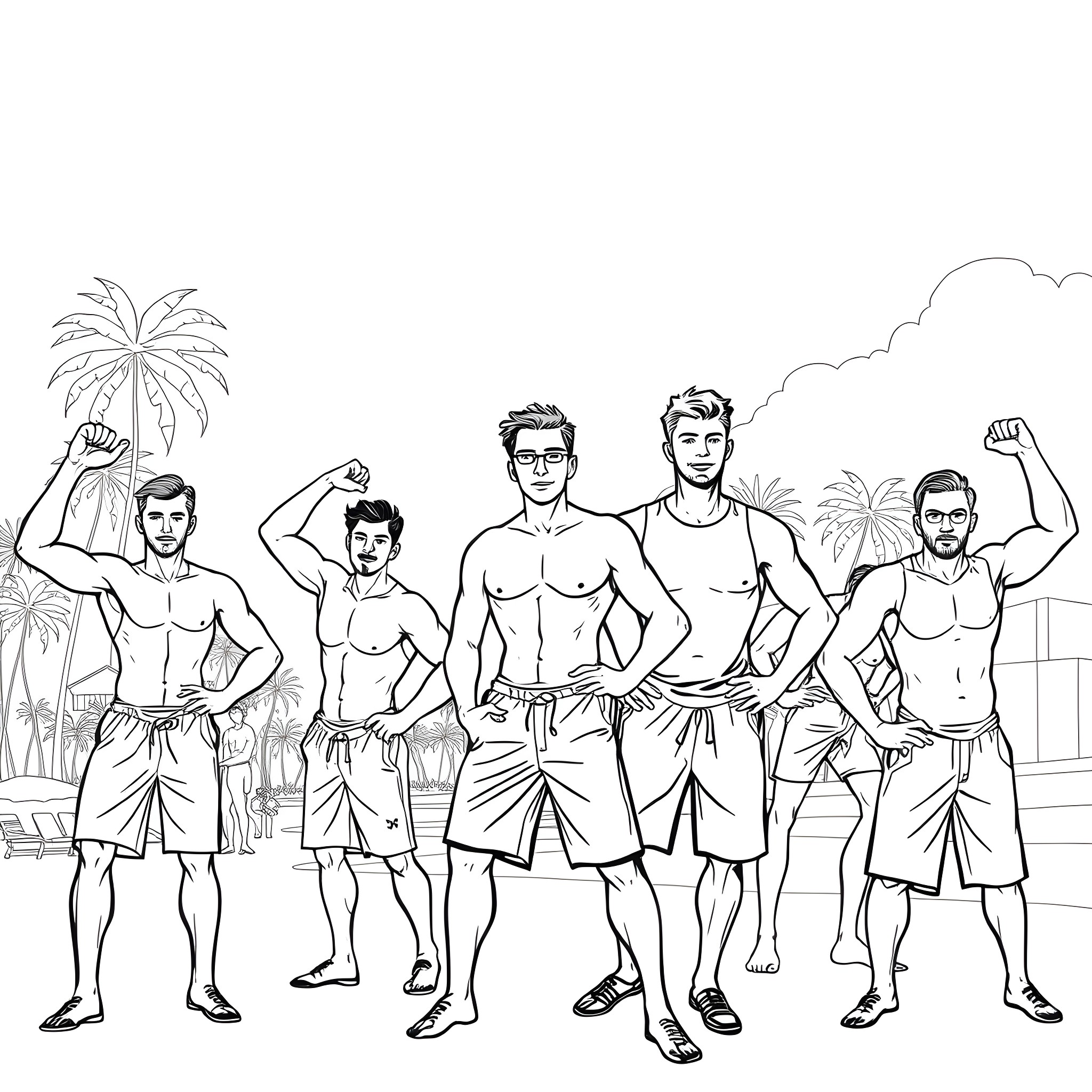 Man in group enjoying beach vacation Coloring Page (free black-and-white line drawing printable PDF for all, from beginners to advanced learners, including children, teens, adults, and seniors)
