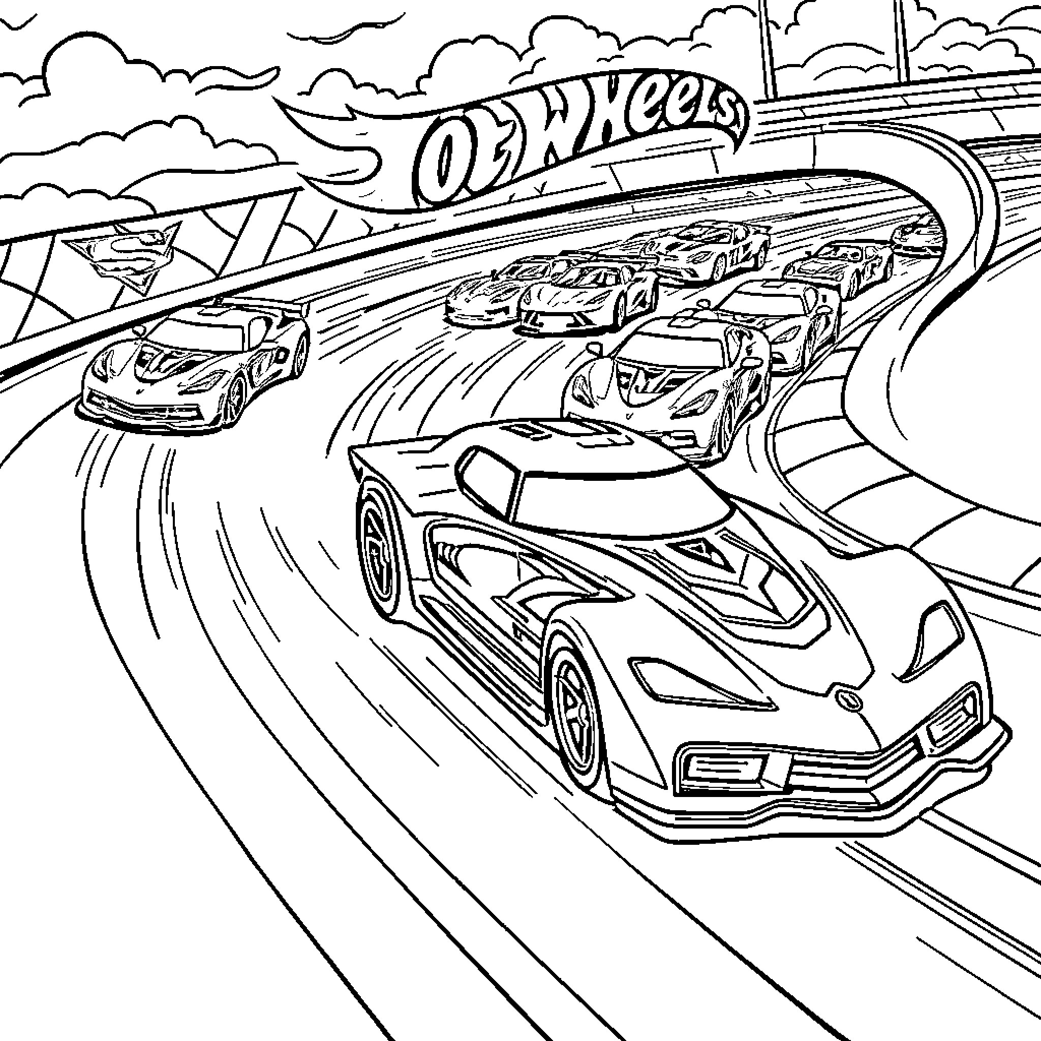 Cars racing on track with Oz wheels Coloring Page (free black-and-white line drawing printable PDF for all, from beginners to advanced learners, including children, teens, adults, and seniors)