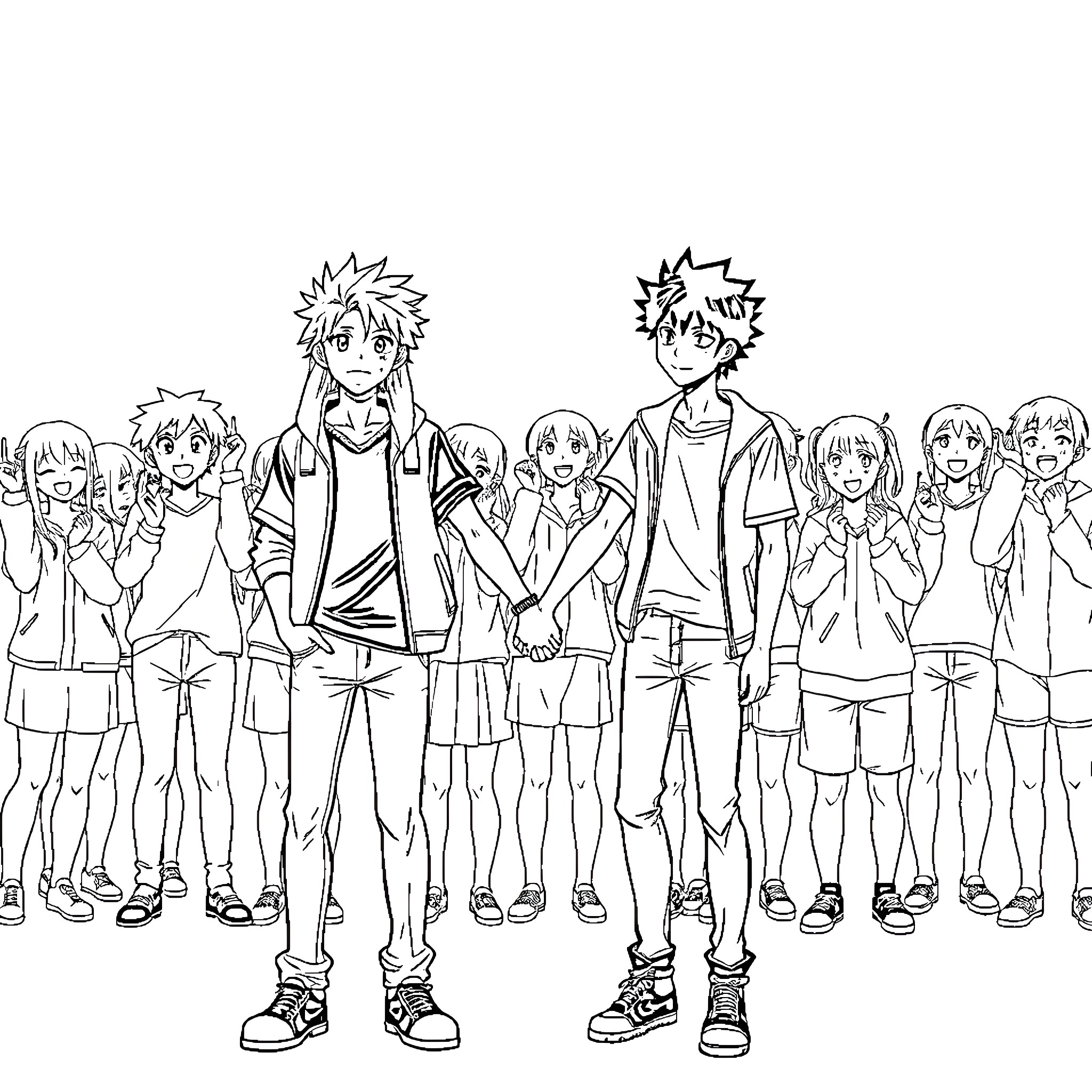 Bakugo leading a group of animated characters Coloring Page (free black-and-white line drawing printable PDF for all, from beginners to advanced learners, including children, teens, adults, and seniors)